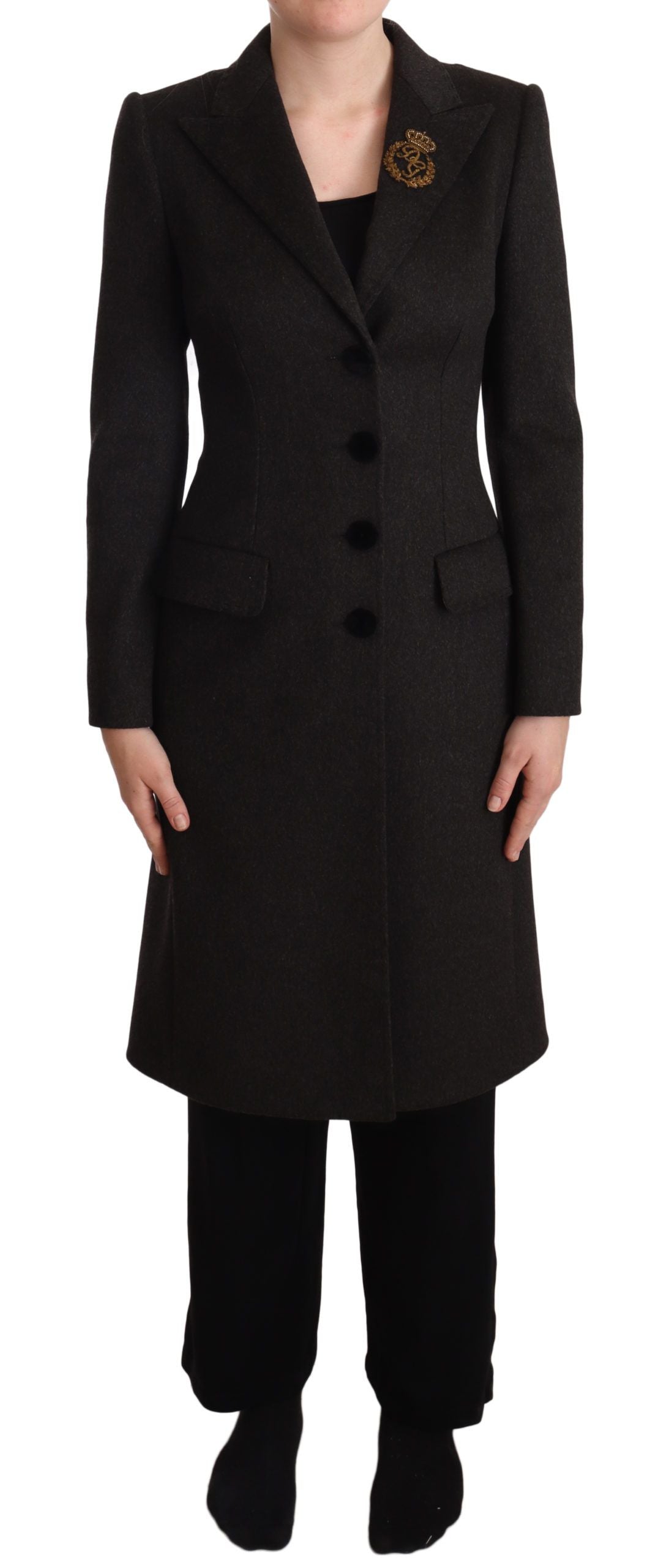 Dolce & Gabbana Gray Wool Cashmere Coat Crest Applique Jacket