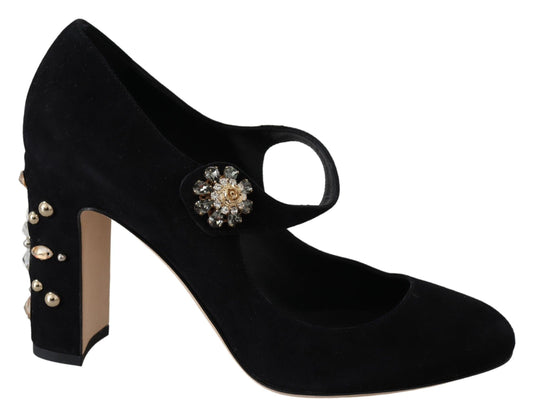 Dolce & Gabbana Black Suede Crystal Heels Mary Jane Shoes