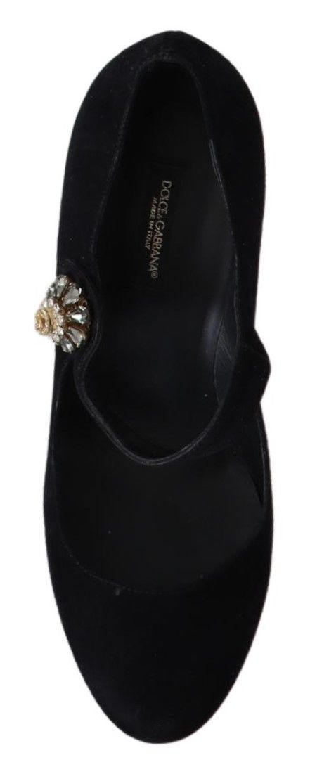 Dolce & Gabbana Black Suede Crystal Heels Mary Jane Shoes