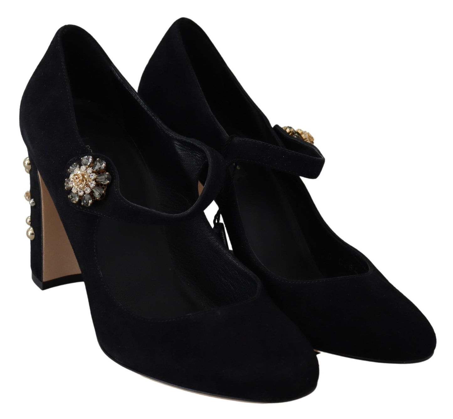 Dolce & Gabbana Black Suede Crystal Heels Mary Jane Shoes