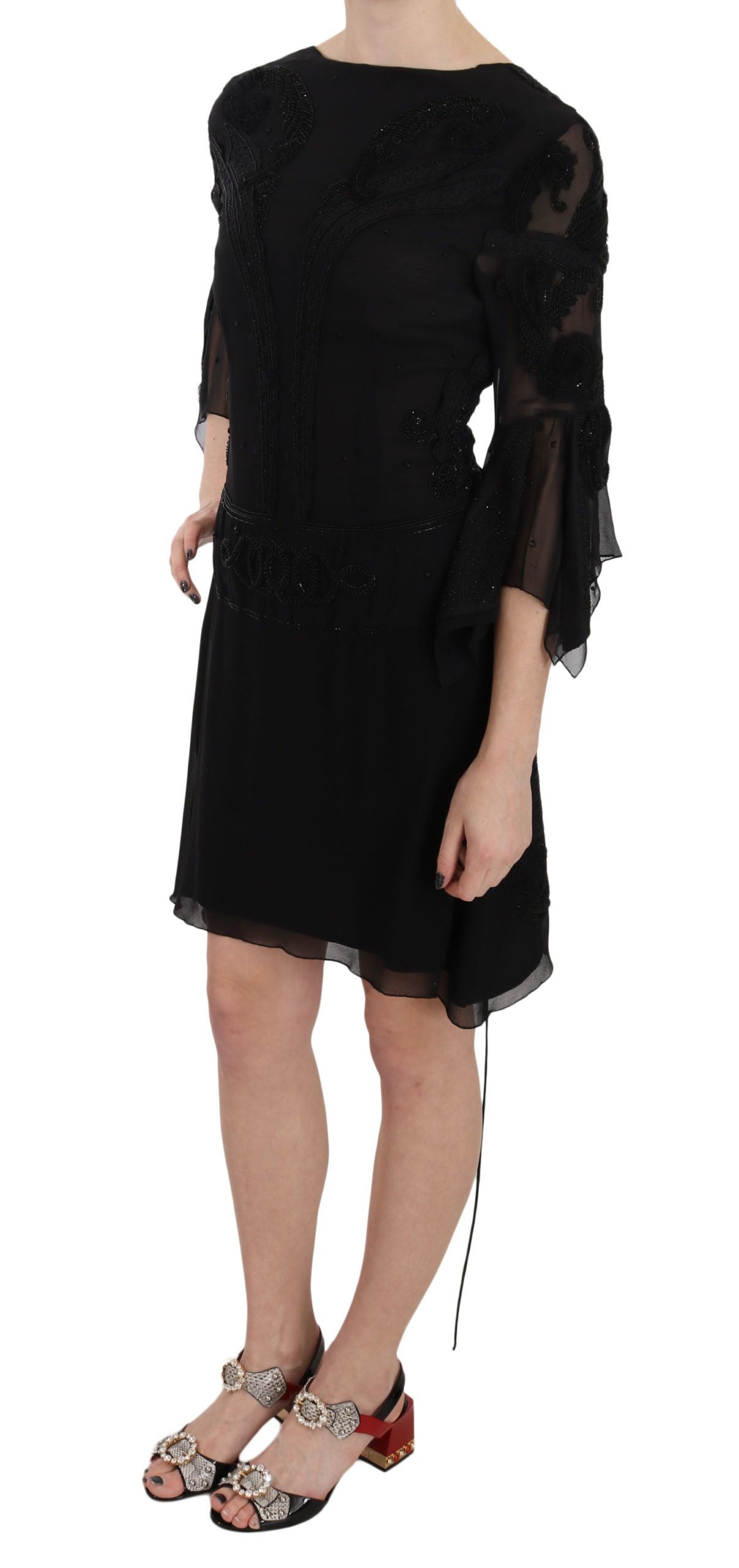 John Richmond Black Sequined Silk Mini Shift Gown