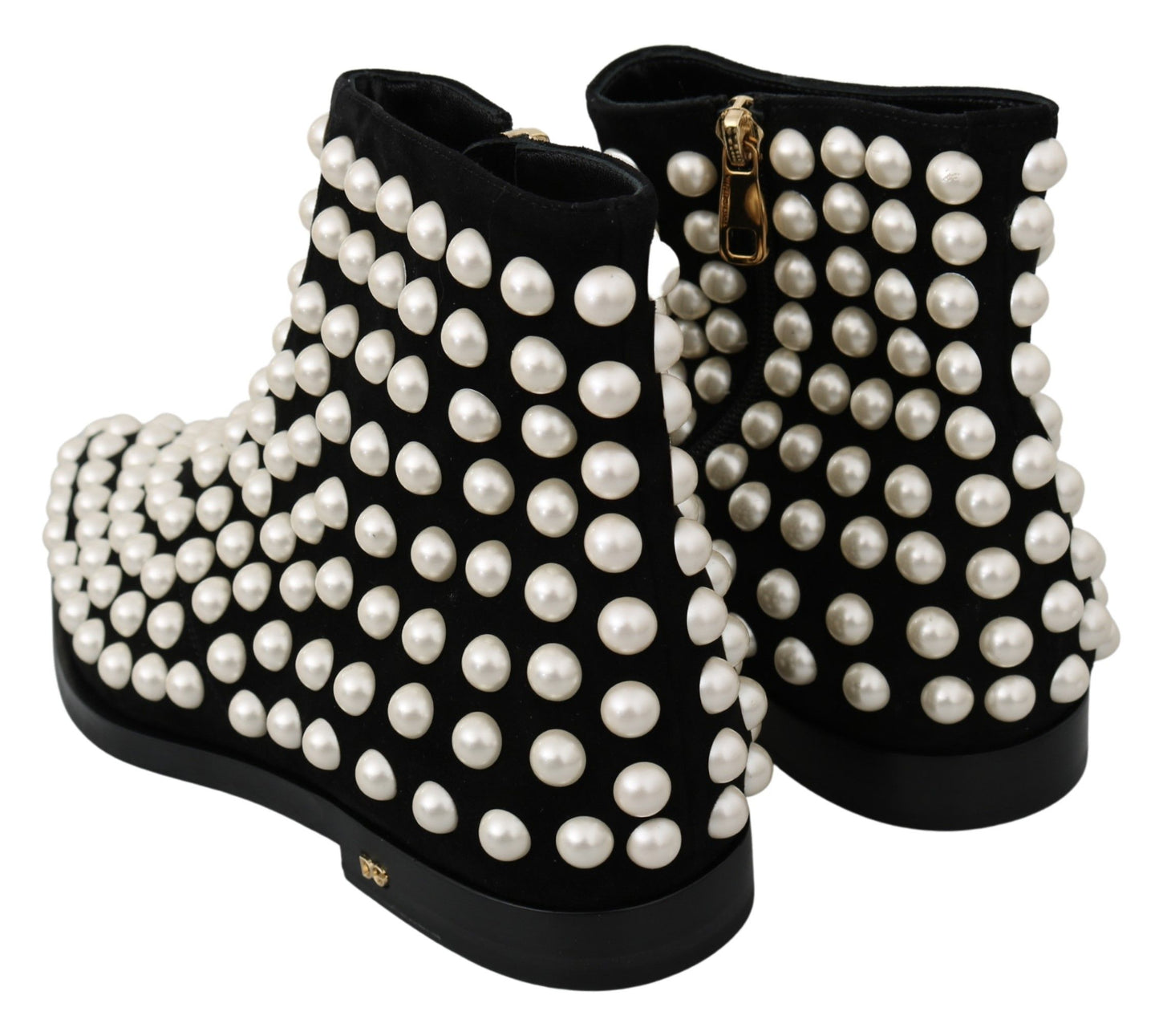 Dolce & Gabbana Black Suede Pearl Studs Boots Shoes