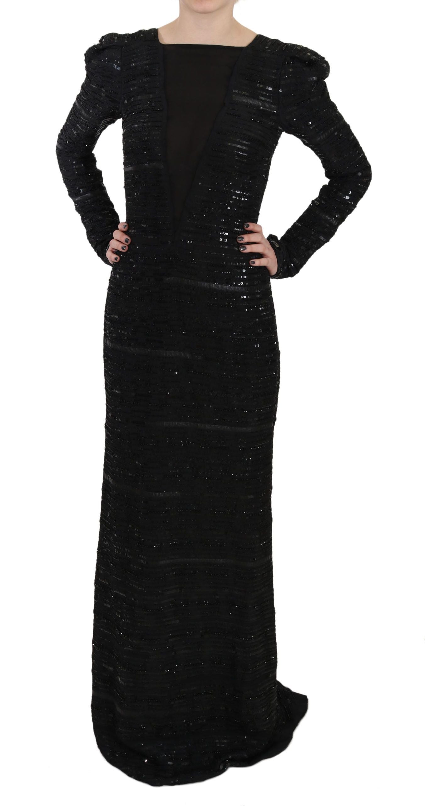 John Richmond Black Silk Full Length Sequined Gown Dress