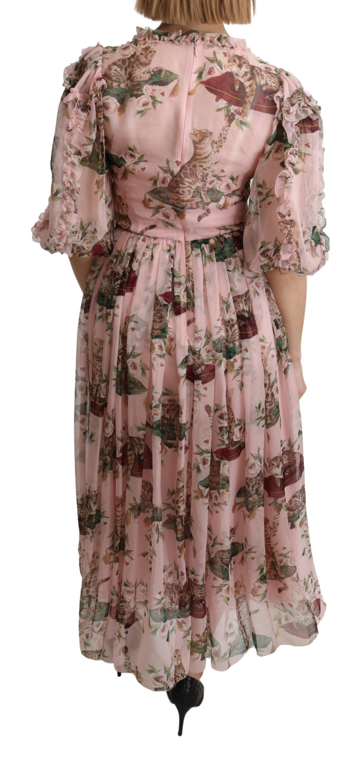 Dolce & Gabbana Pink Bengal Cat Print A-line Maxi Silk  Dress