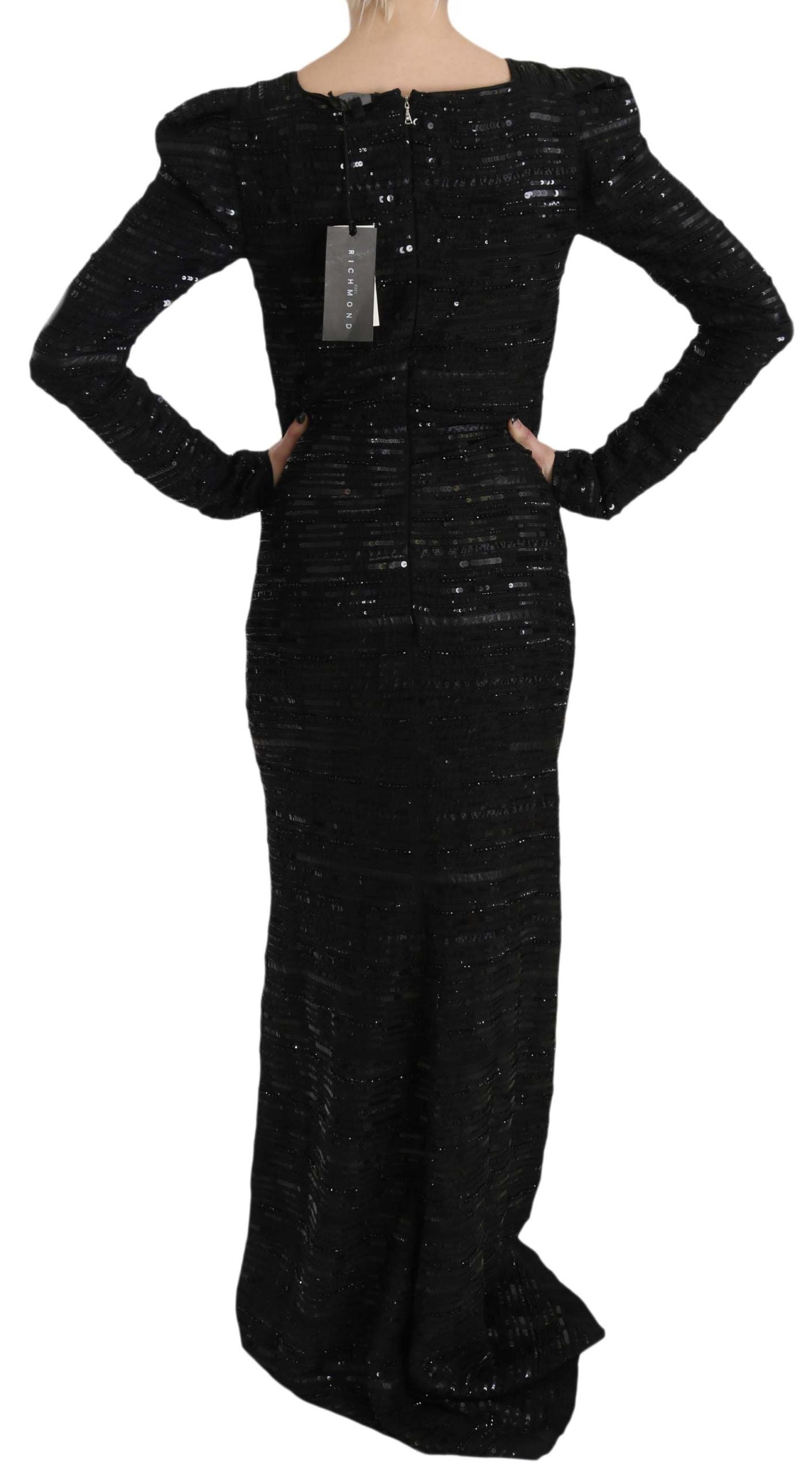 John Richmond Black Silk Full Length Sequined Gown Dress