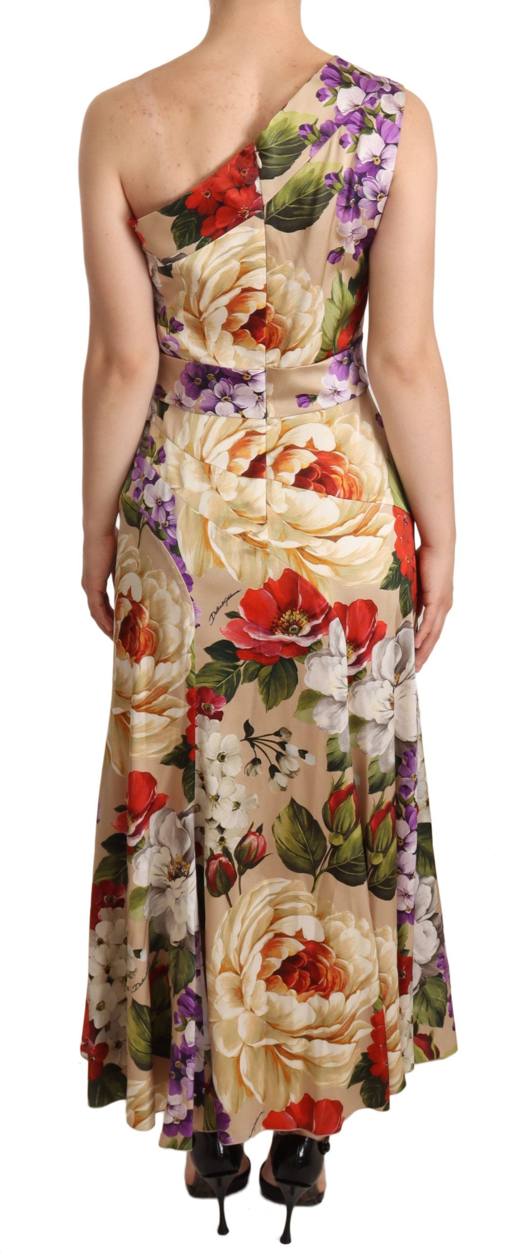 Dolce & Gabbana Beige One Shoulder Floral Mid Length Dress