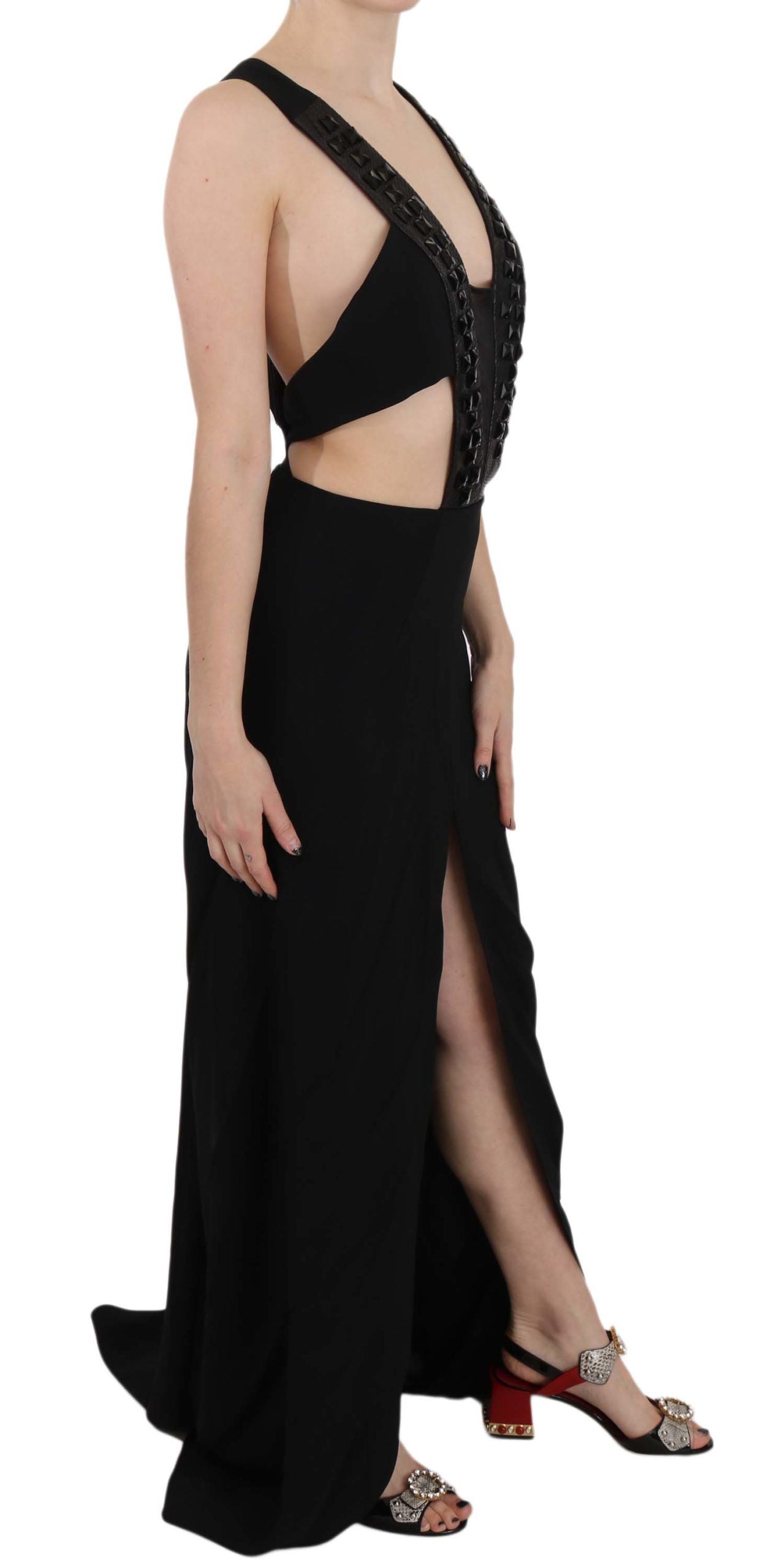 John Richmond Black Crystal Leather Gown Flare Dress