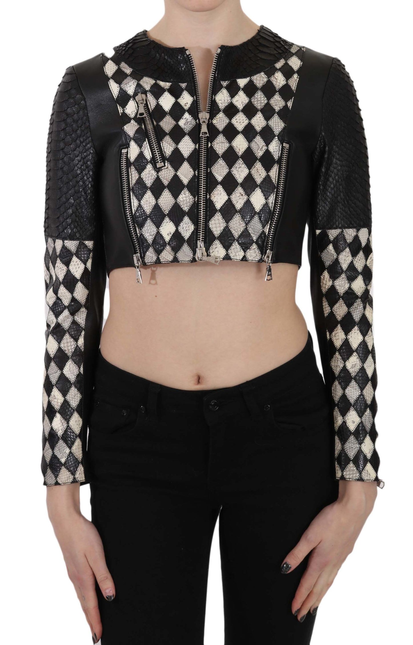 John Richmond Black White Leather Short Cropped Biker Jacket Coat