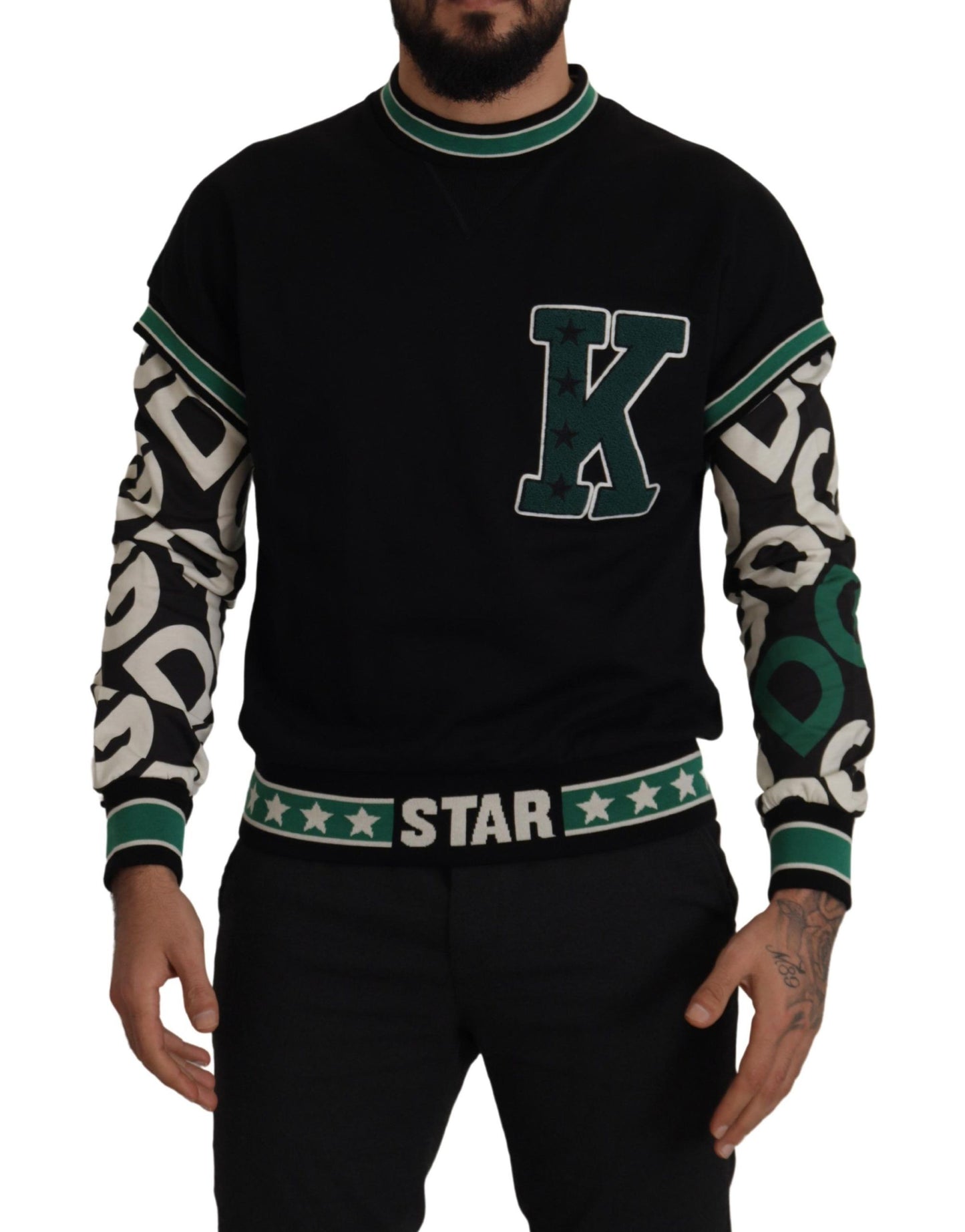 Dolce & Gabbana Black Green Cotton KING Star Crewneck Pullover Sweater