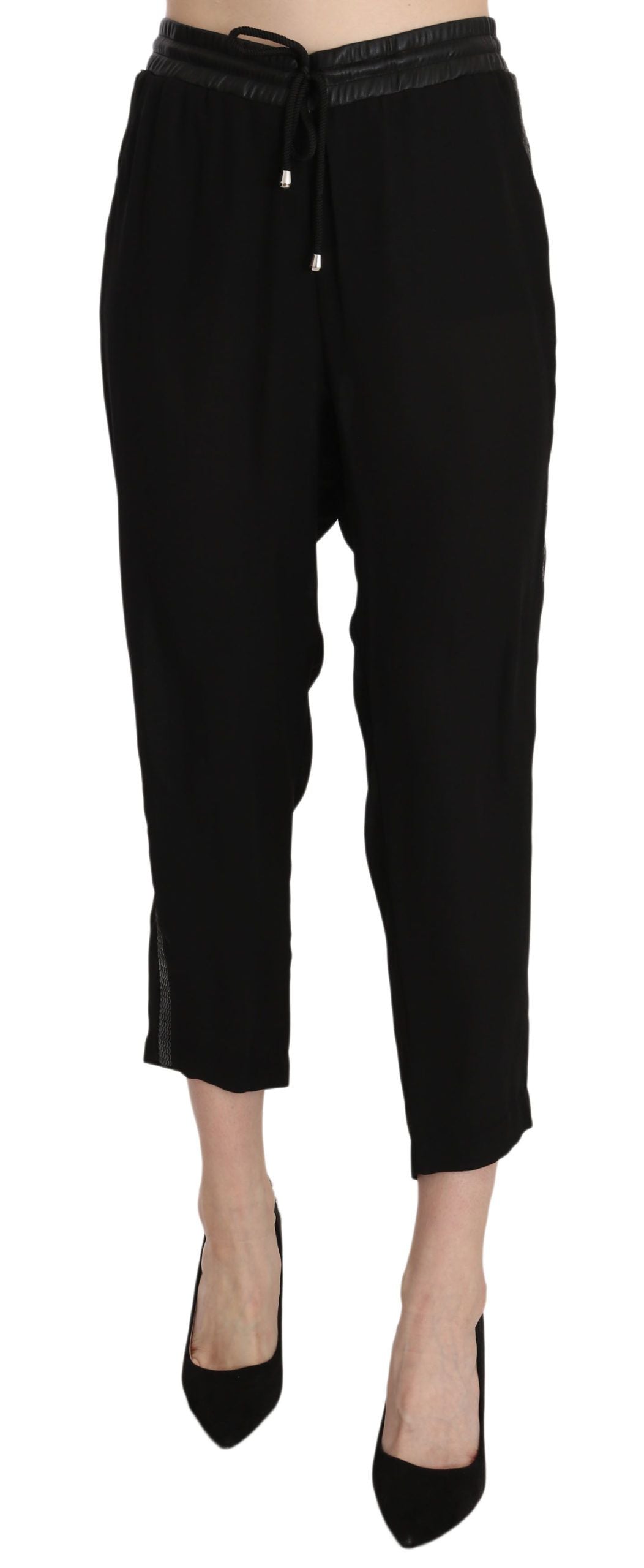 Guess Black Polyester High Waist Cropped Trousers Pants