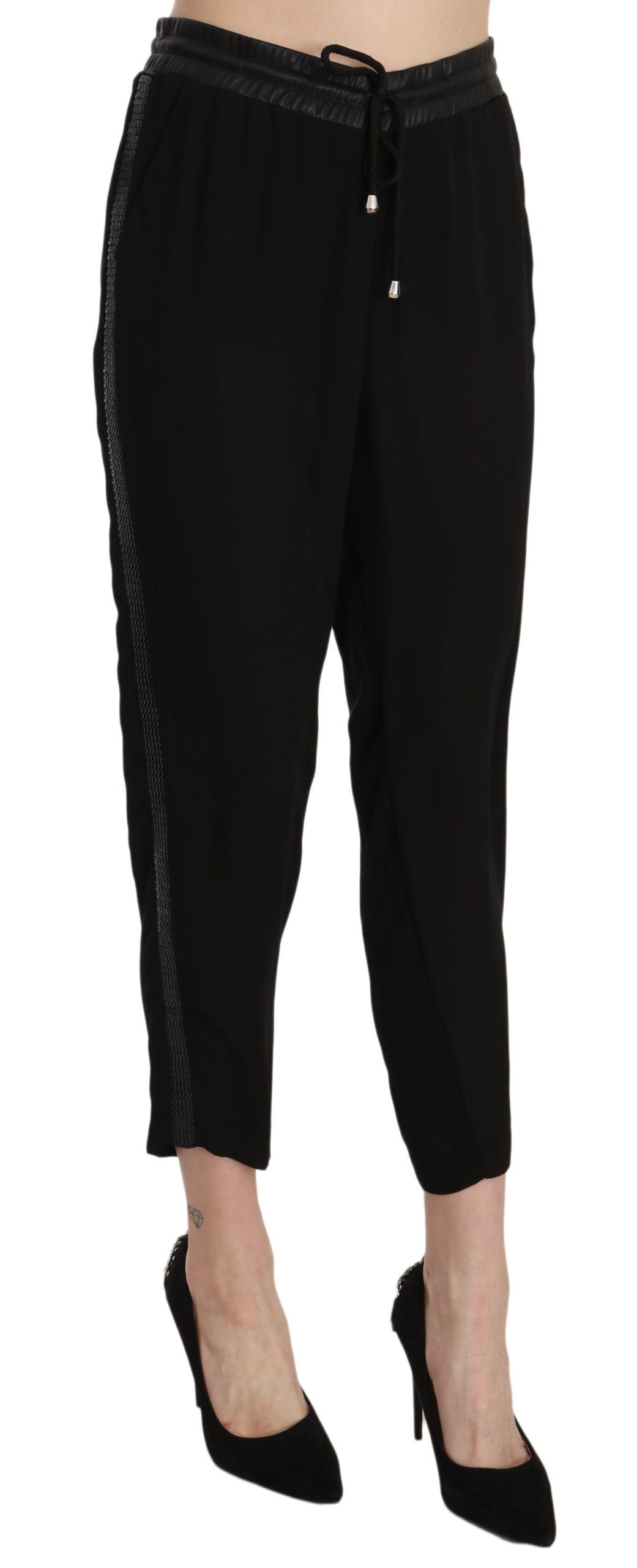 Guess Black Polyester High Waist Cropped Trousers Pants