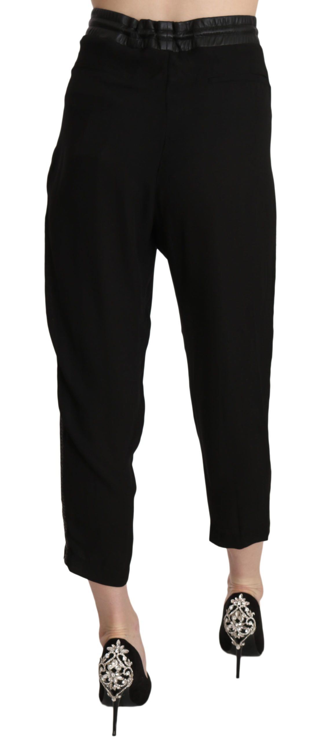 Guess Black Polyester High Waist Cropped Trousers Pants