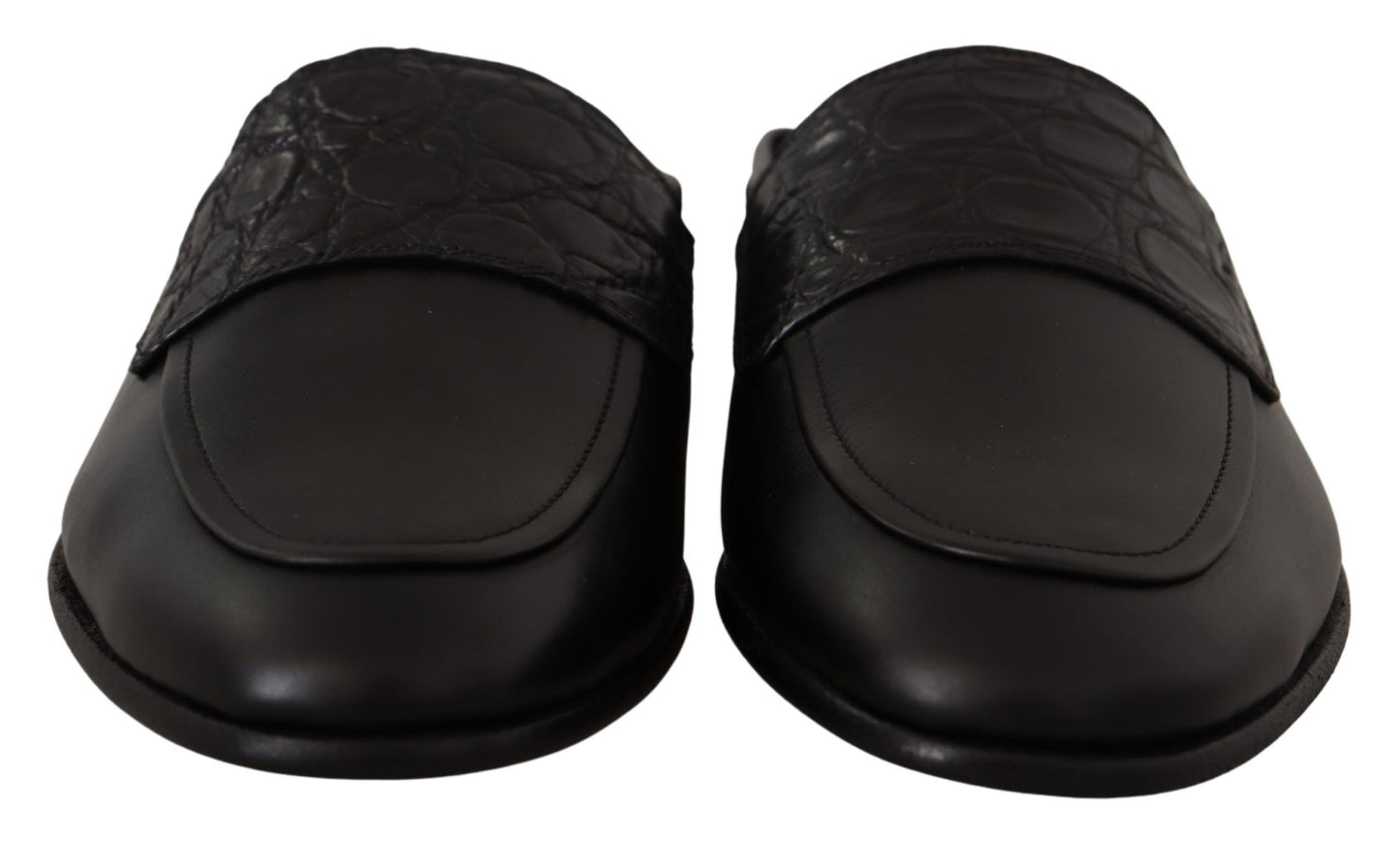 Dolce & Gabbana Black Leather Caiman Sandals Slides Slip Shoes