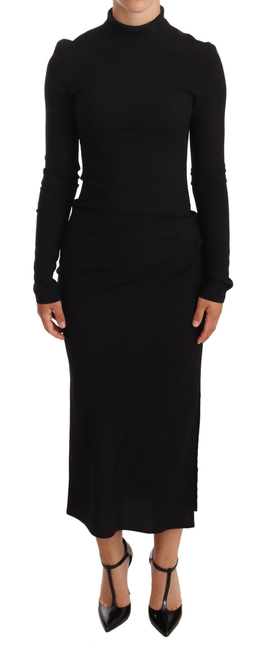 Dolce & Gabbana Black Stretch Turtleneck Sheath Midi Dress