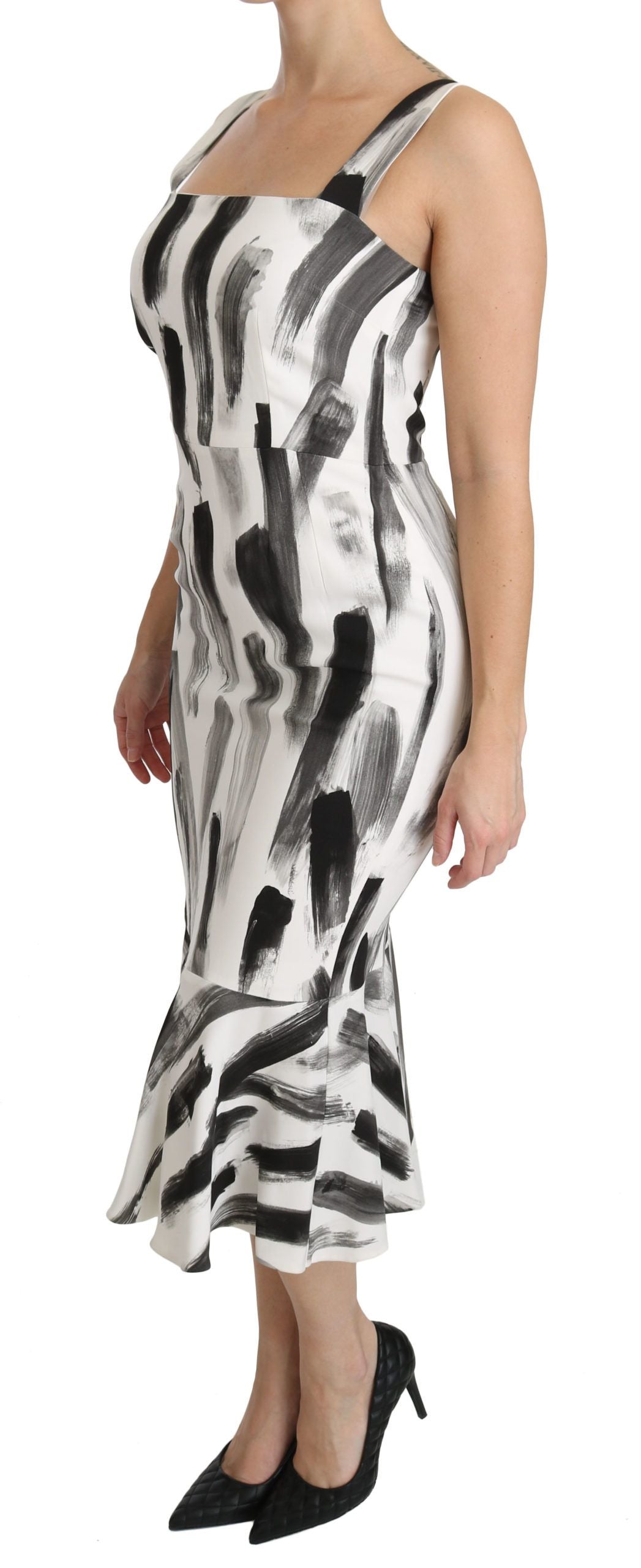 Dolce & Gabbana White Black Printed Sheath Midi Viscose Dress