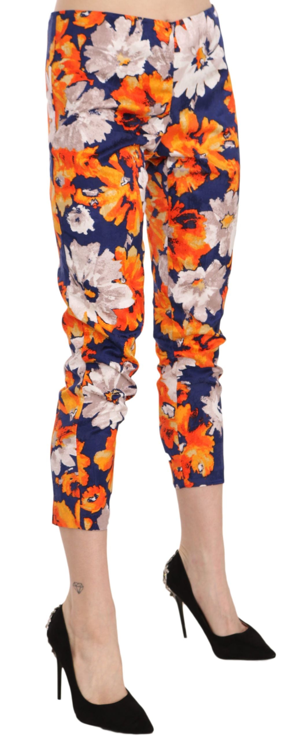 LANACAPRINA Blue Floral Print Skinny Slim Fit Trousers Pants