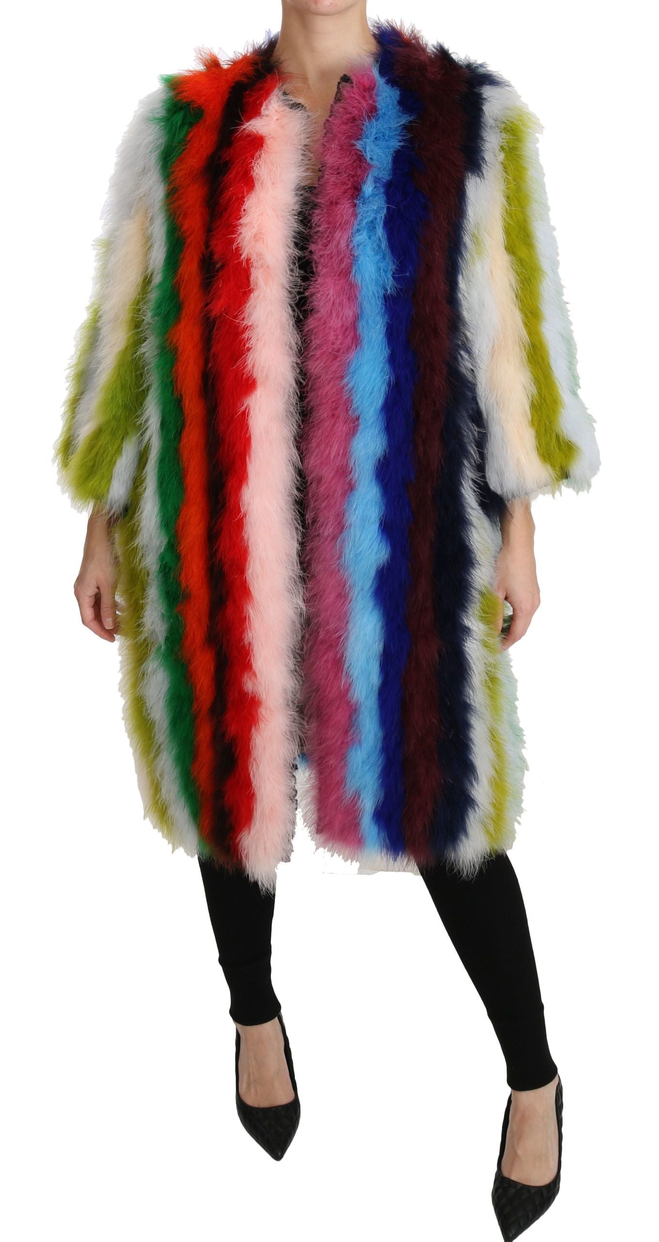 Dolce & Gabbana Multicolor Turkey Feather Cape Fur Coat