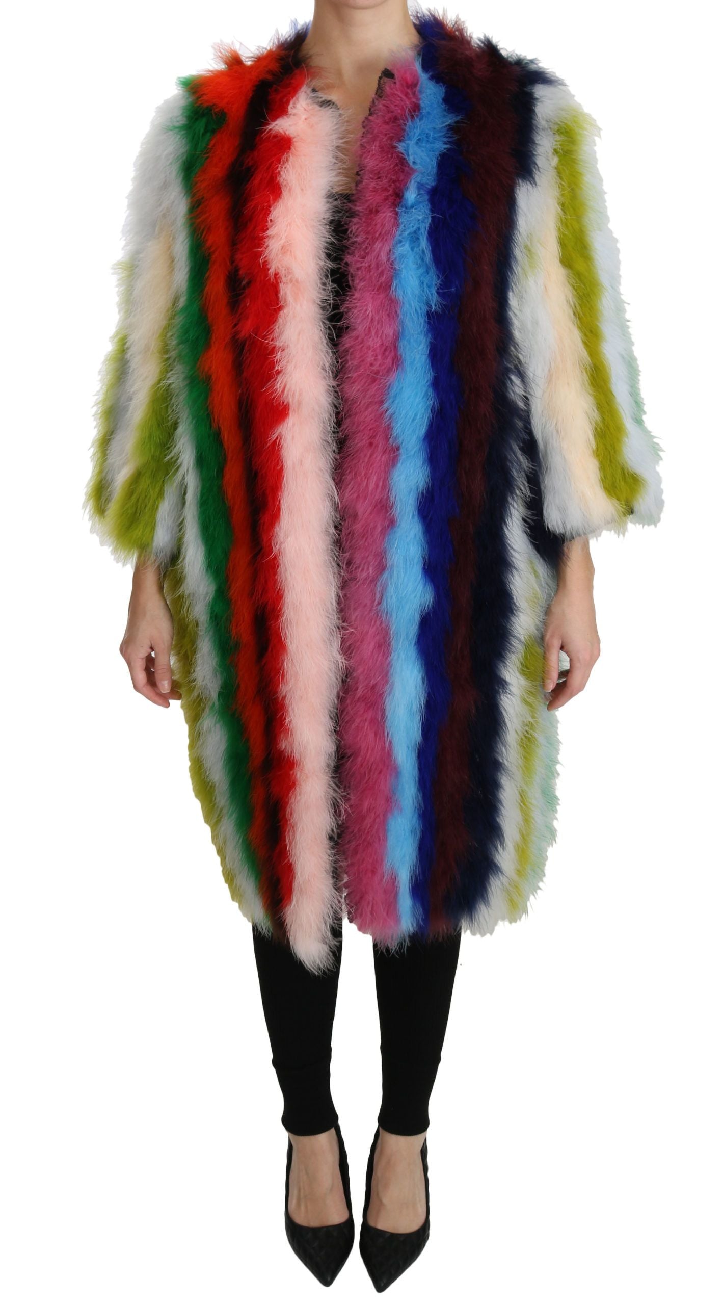 Dolce & Gabbana Multicolor Turkey Feather Cape Fur Coat