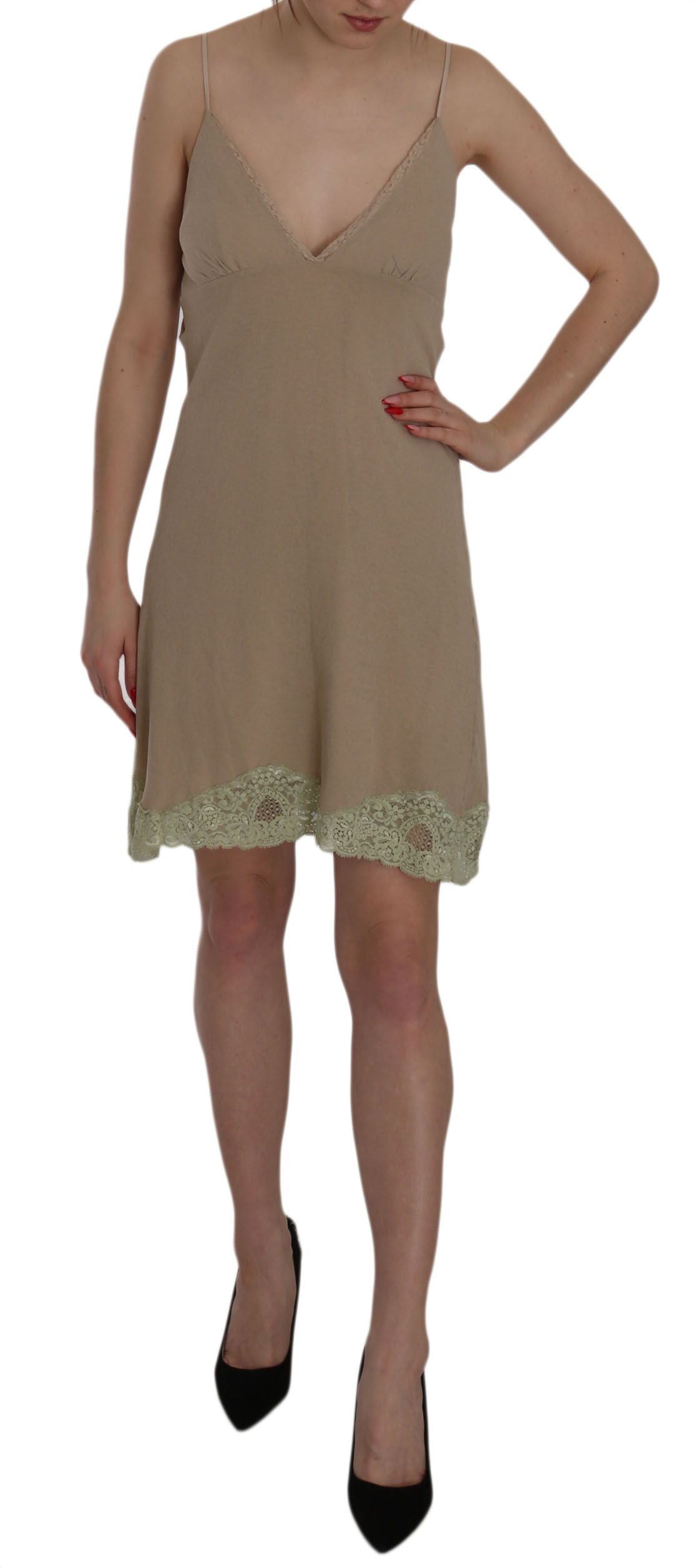 PINK MEMORIES Beige Lace Spaghetti Strap Mini Cotton Dress