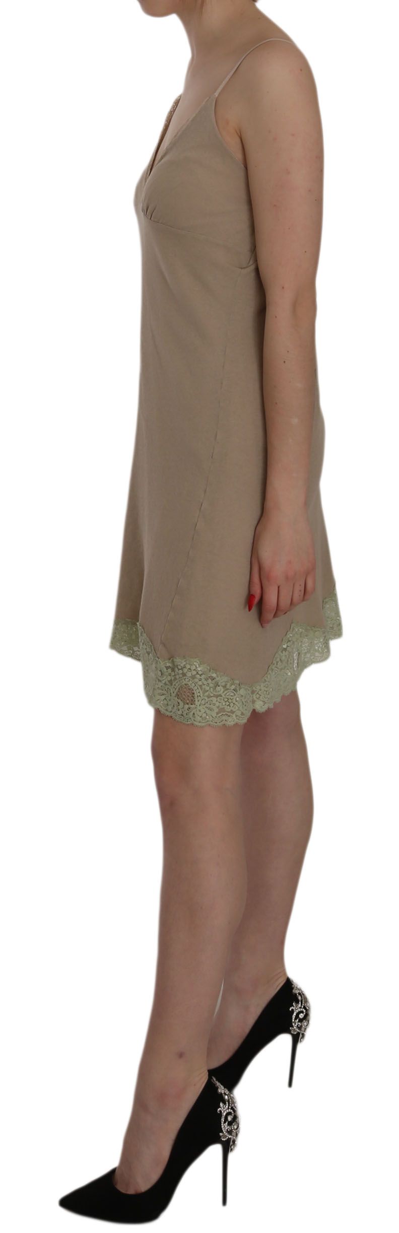 PINK MEMORIES Beige Lace Spaghetti Strap Mini Cotton Dress