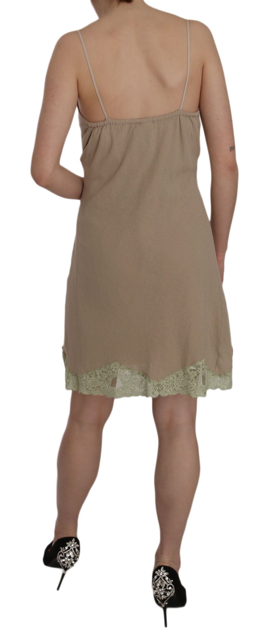 PINK MEMORIES Beige Lace Spaghetti Strap Mini Cotton Dress