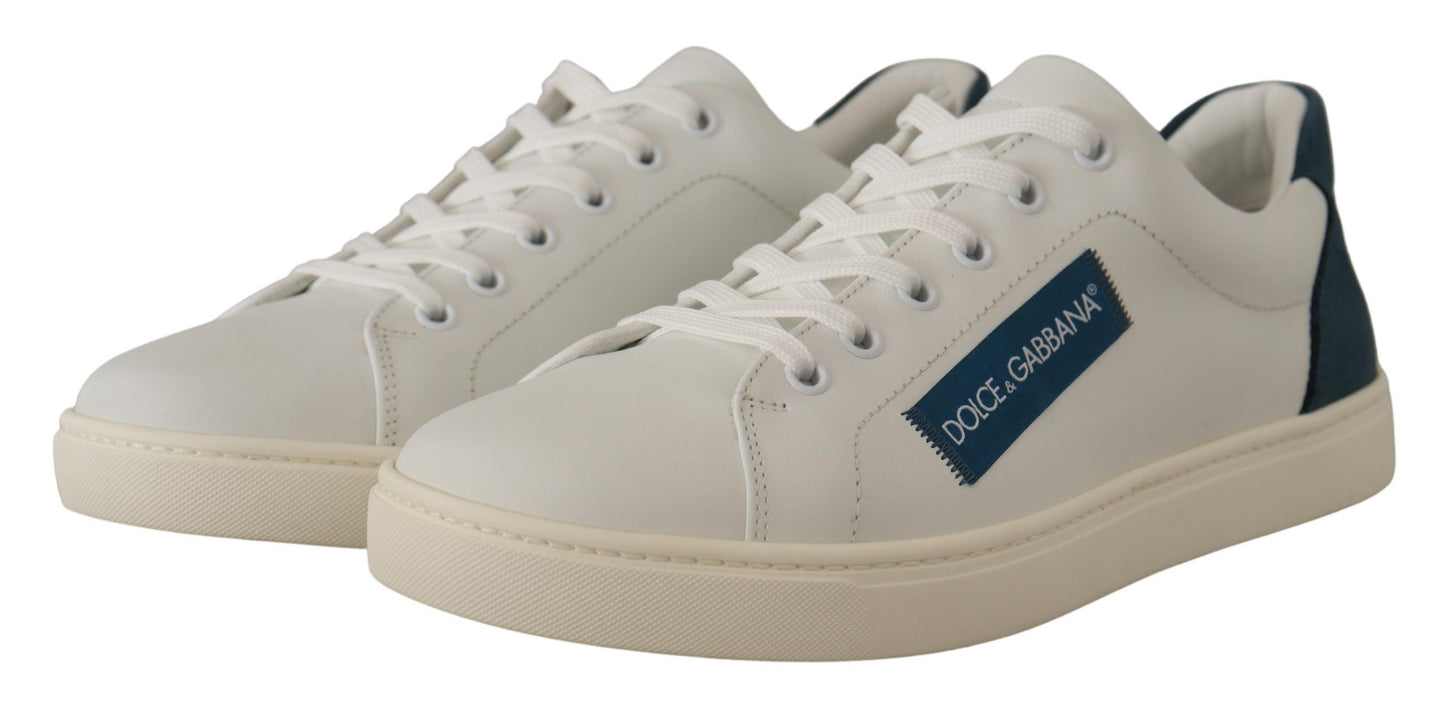 Dolce & Gabbana White Blue Leather Low Top Sneakers