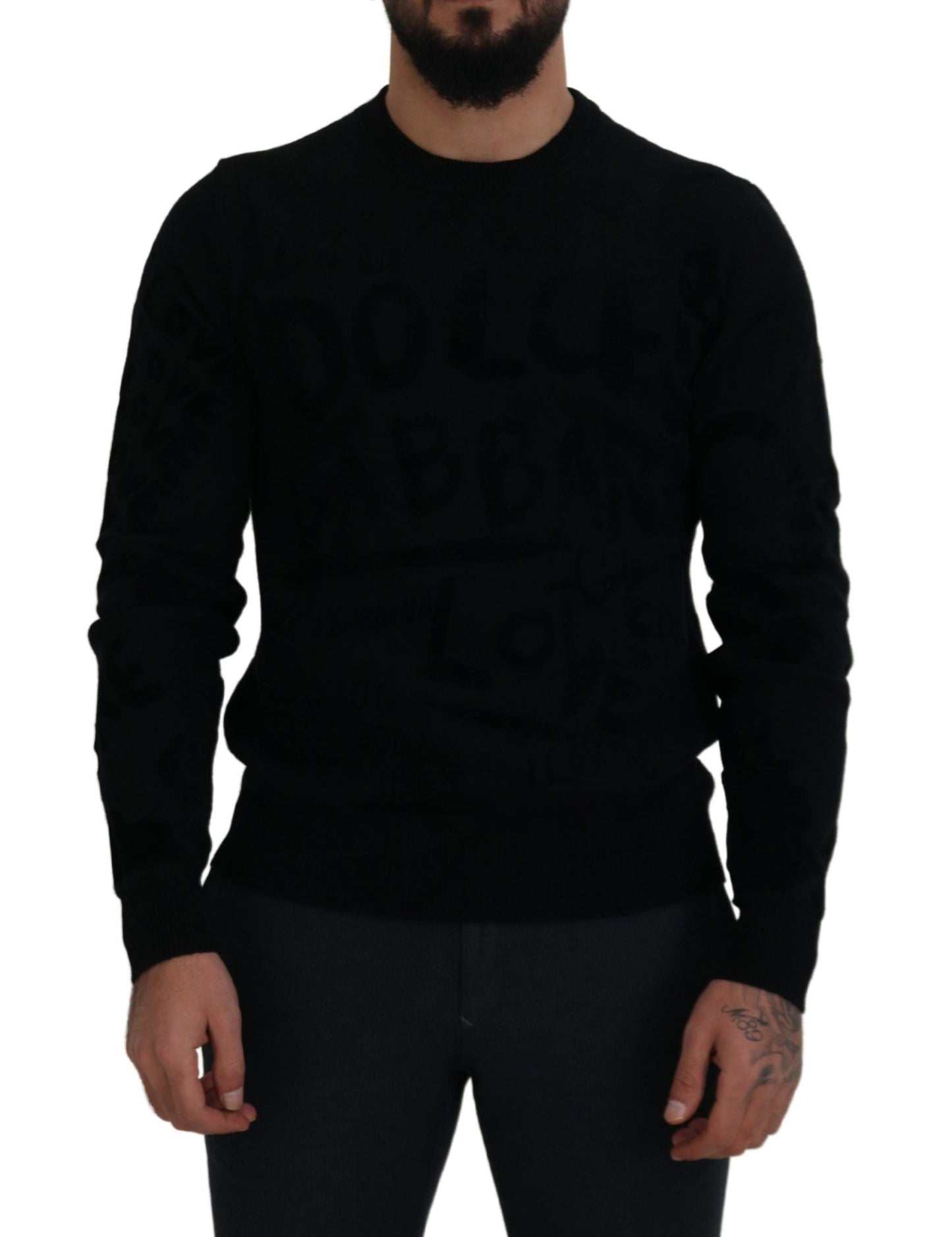 Dolce & Gabbana Black Wool Logo Pattern Crewneck Pullover Sweater