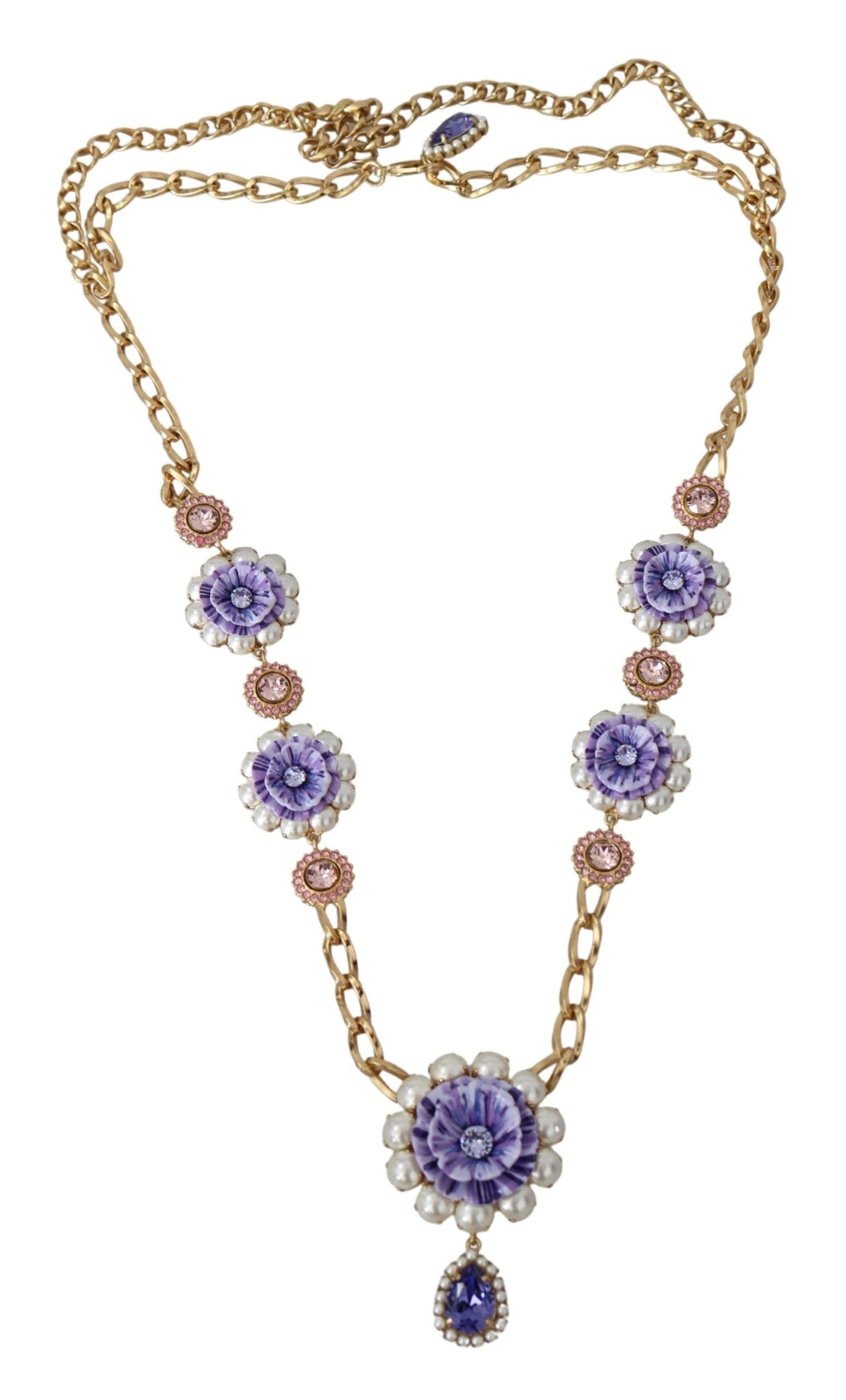 Dolce & Gabbana Gold Tone Floral Crystals Purple Embellished Necklace