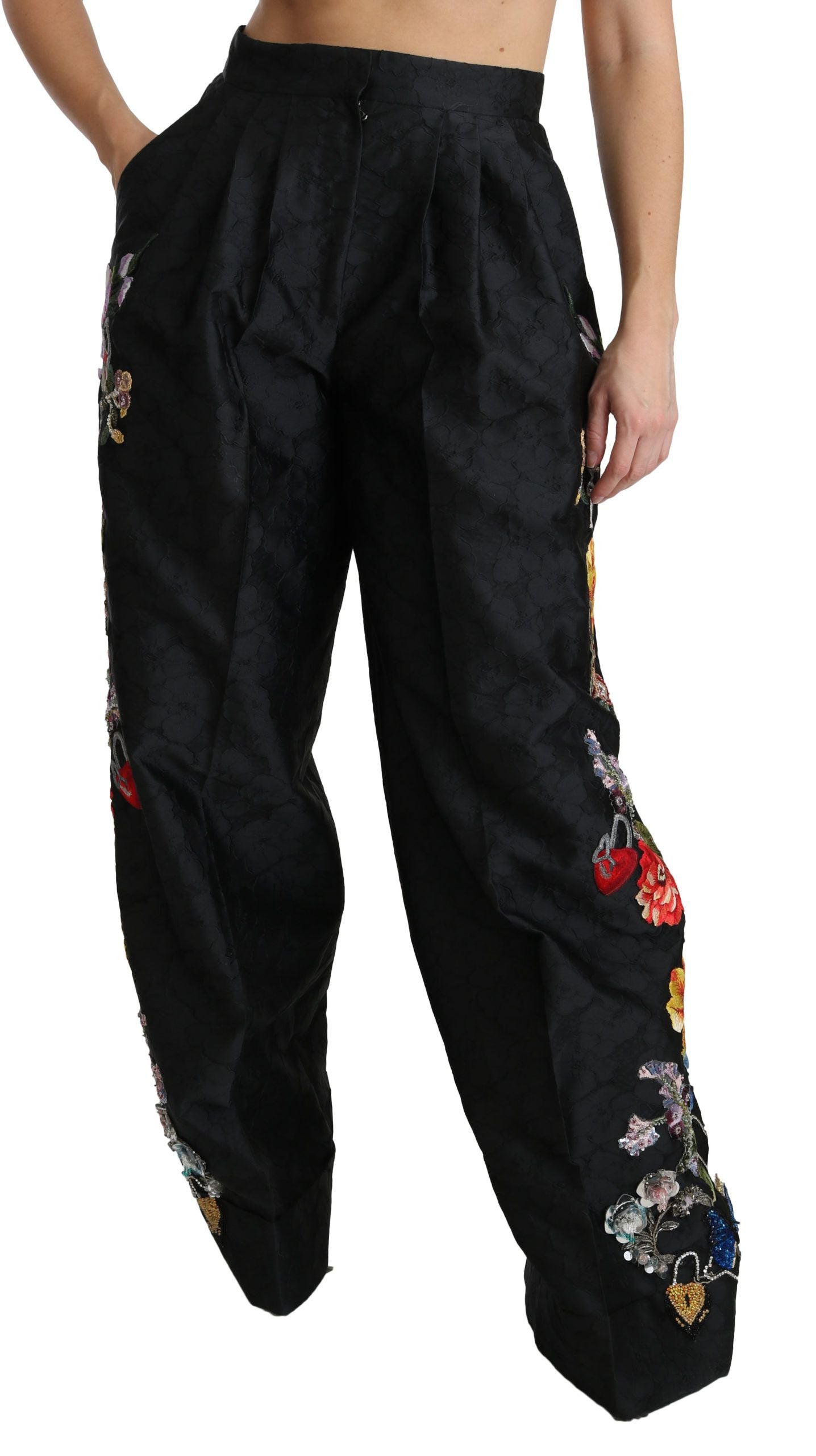 Dolce & Gabbana Black Brocade Floral Sequined Beaded Pants