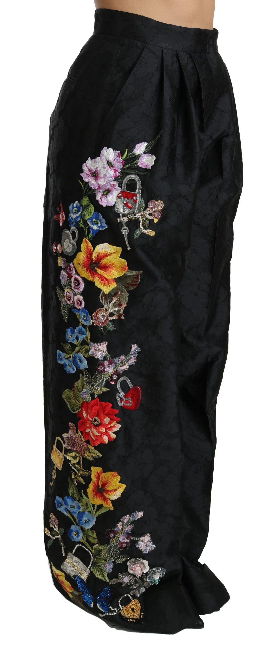 Dolce & Gabbana Black Brocade Floral Sequined Beaded Pants