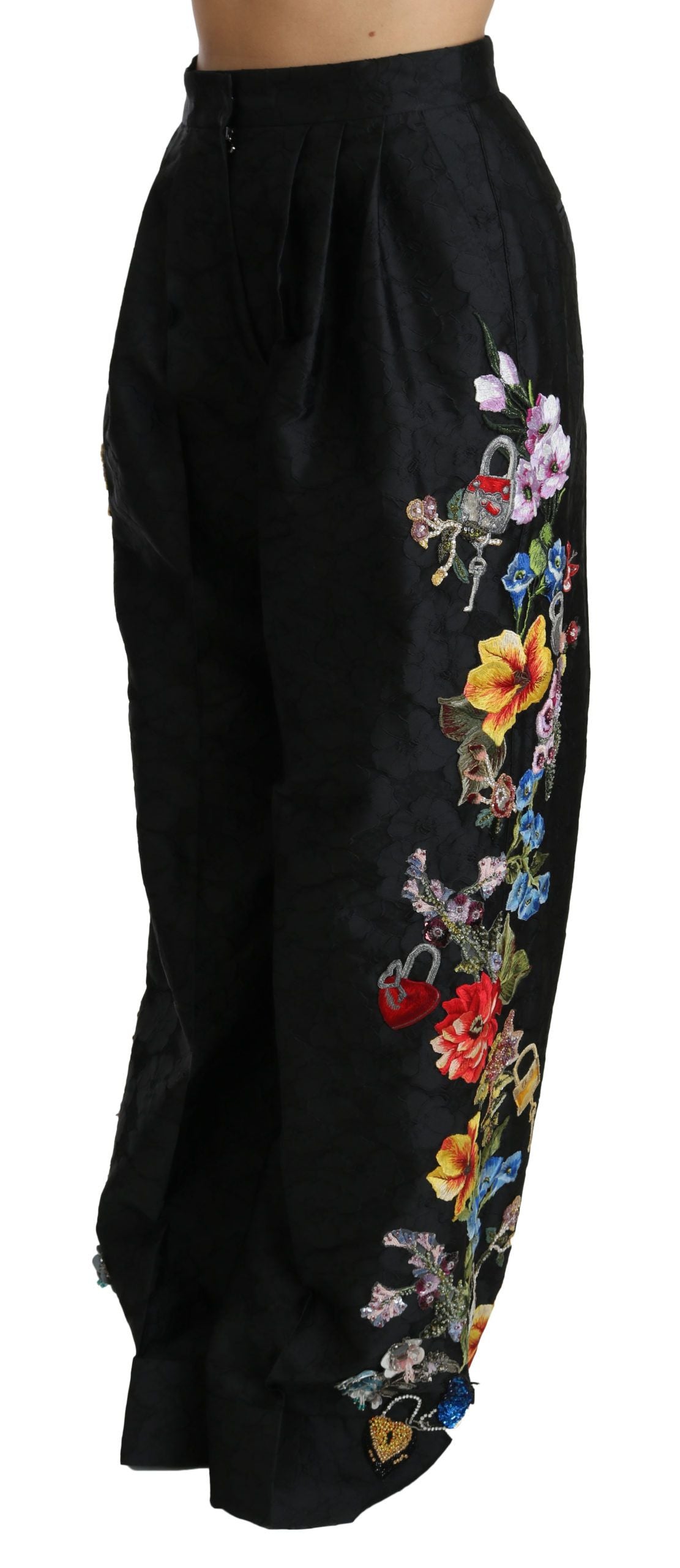 Dolce & Gabbana Black Brocade Floral Sequined Beaded Pants