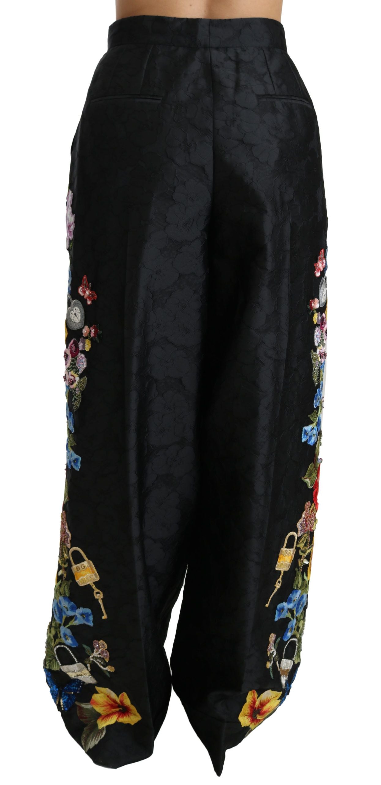 Dolce & Gabbana Black Brocade Floral Sequined Beaded Pants