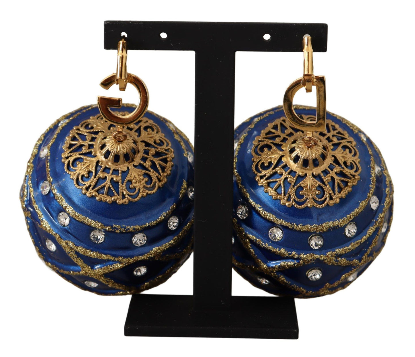 Dolce & Gabbana Blue Christmas Ball Crystal Hook Gold Brass Earrings