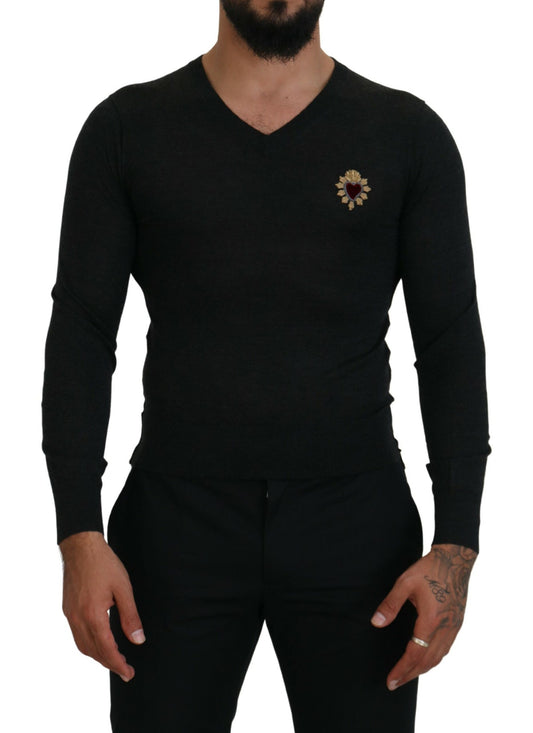 Dolce & Gabbana Gray Cashmere V-neck Gold Heart Sweater