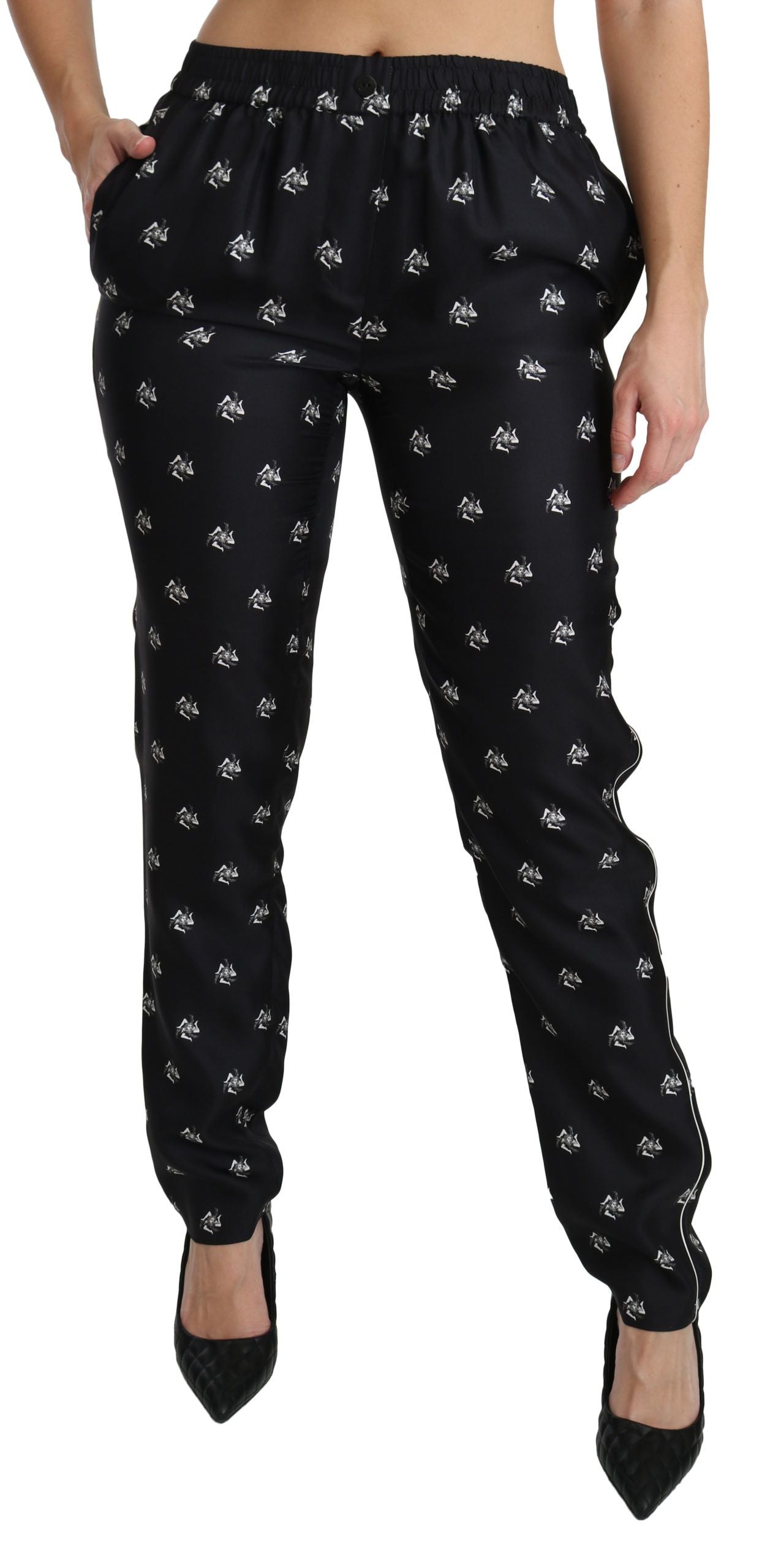 Dolce & Gabbana Black Printed Mid Waist Skinny Silk Pants