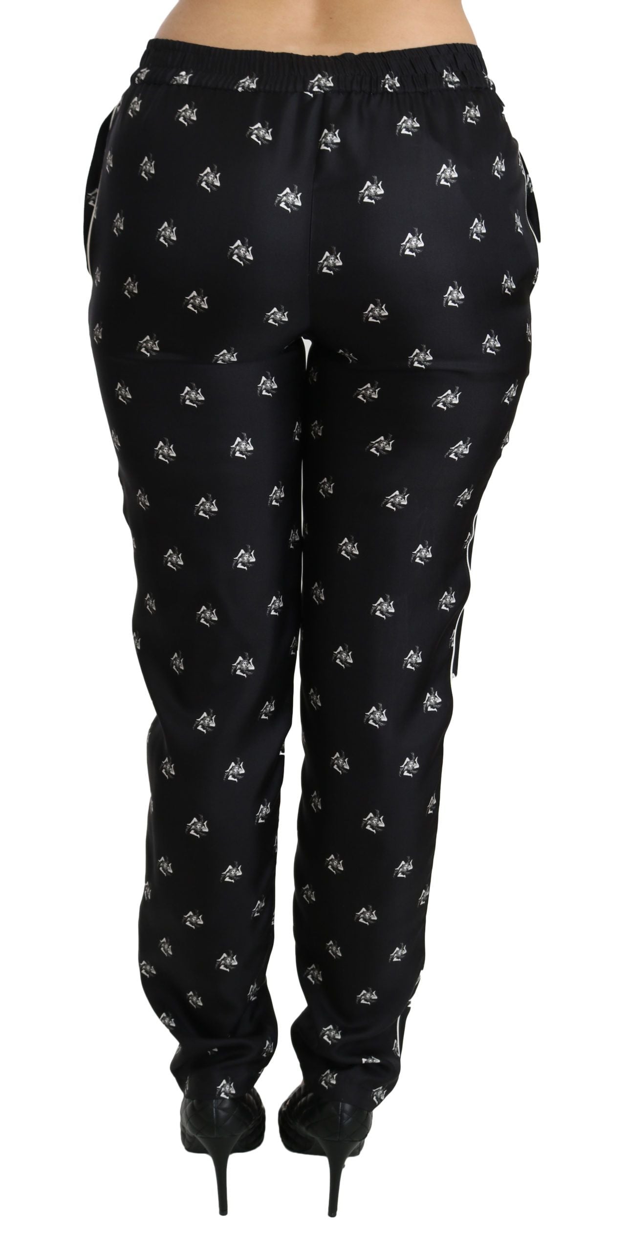 Dolce & Gabbana Black Printed Mid Waist Skinny Silk Pants