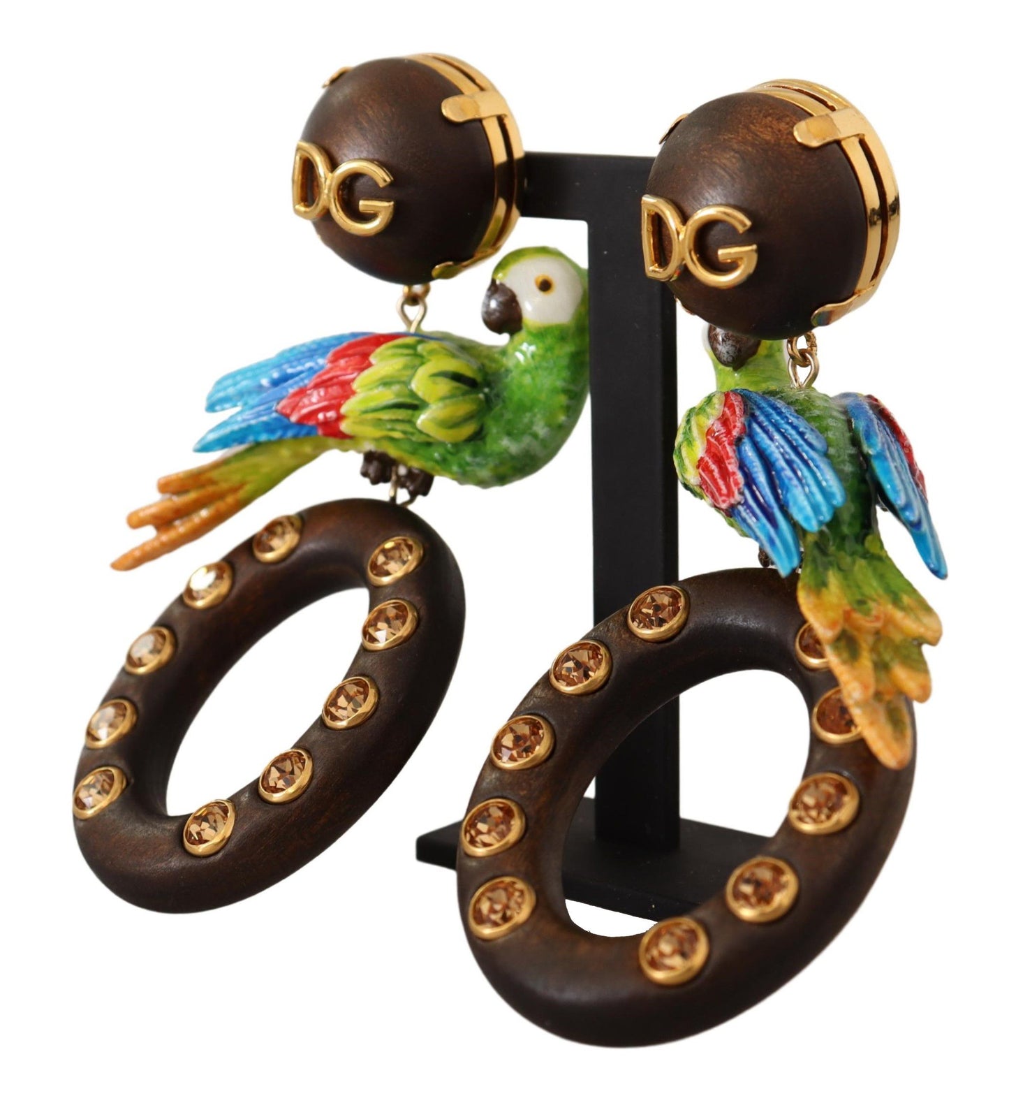 Dolce & Gabbana Gold Brass Wood Parrot Hoop Clip-on Jewelry Dangling Earrings