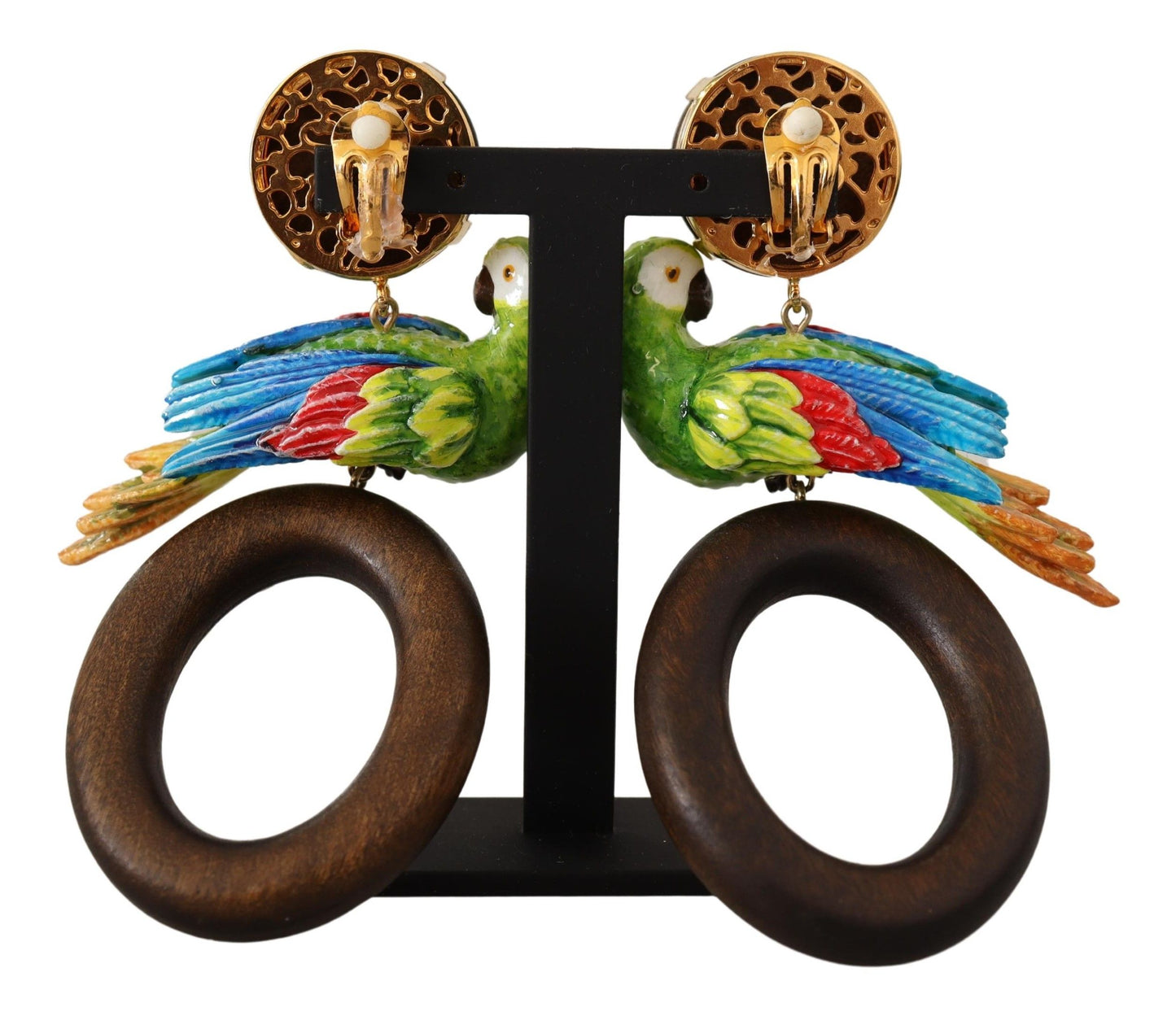 Dolce & Gabbana Gold Brass Wood Parrot Hoop Clip-on Jewelry Dangling Earrings