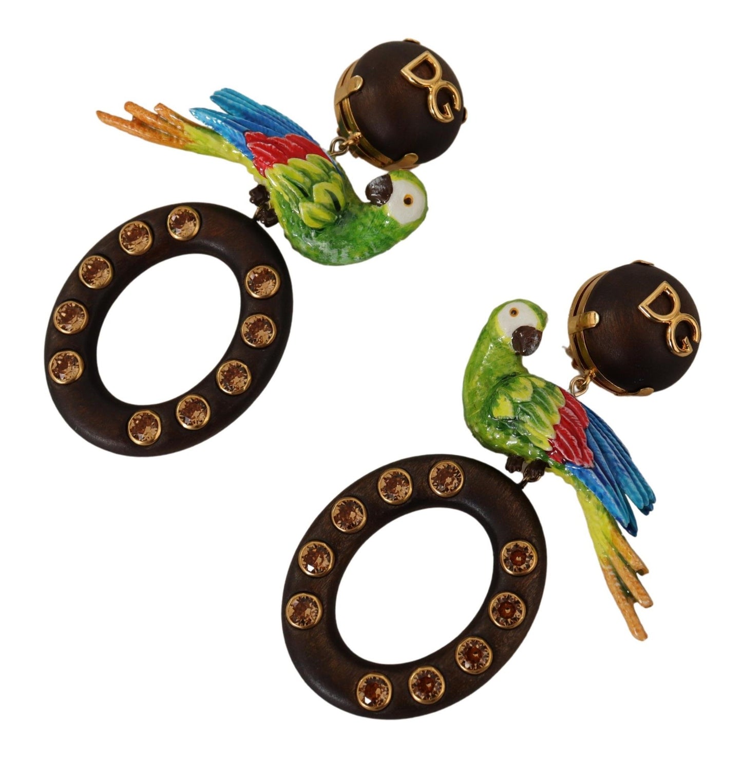 Dolce & Gabbana Gold Brass Wood Parrot Hoop Clip-on Jewelry Dangling Earrings