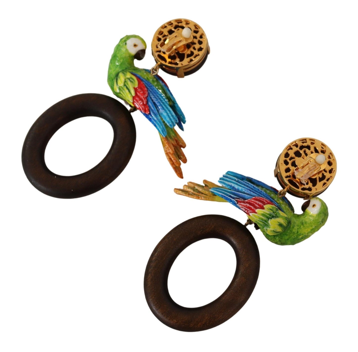 Dolce & Gabbana Gold Brass Wood Parrot Hoop Clip-on Jewelry Dangling Earrings