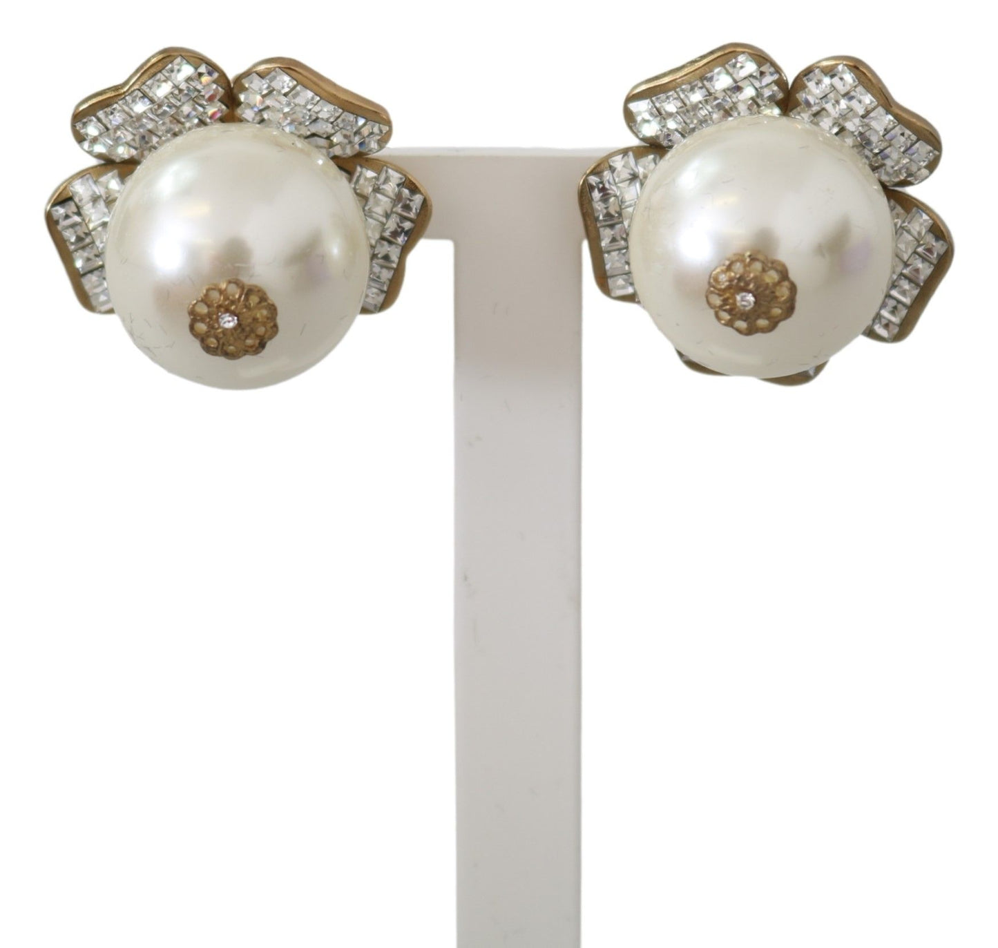 Dolce & Gabbana Gold Tone Maxi Faux Pearl Floral Clip-on Jewelry Earrings