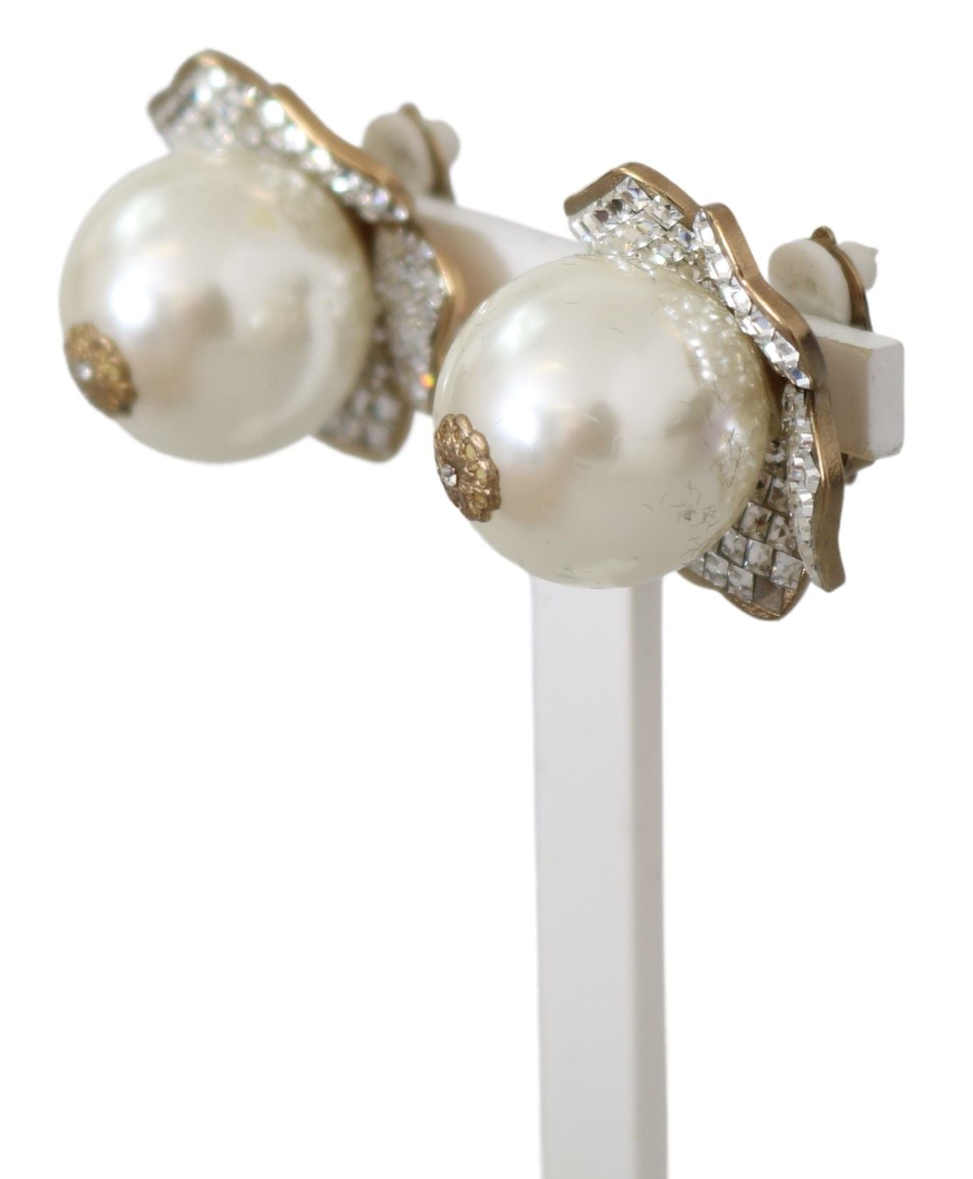 Dolce & Gabbana Gold Tone Maxi Faux Pearl Floral Clip-on Jewelry Earrings