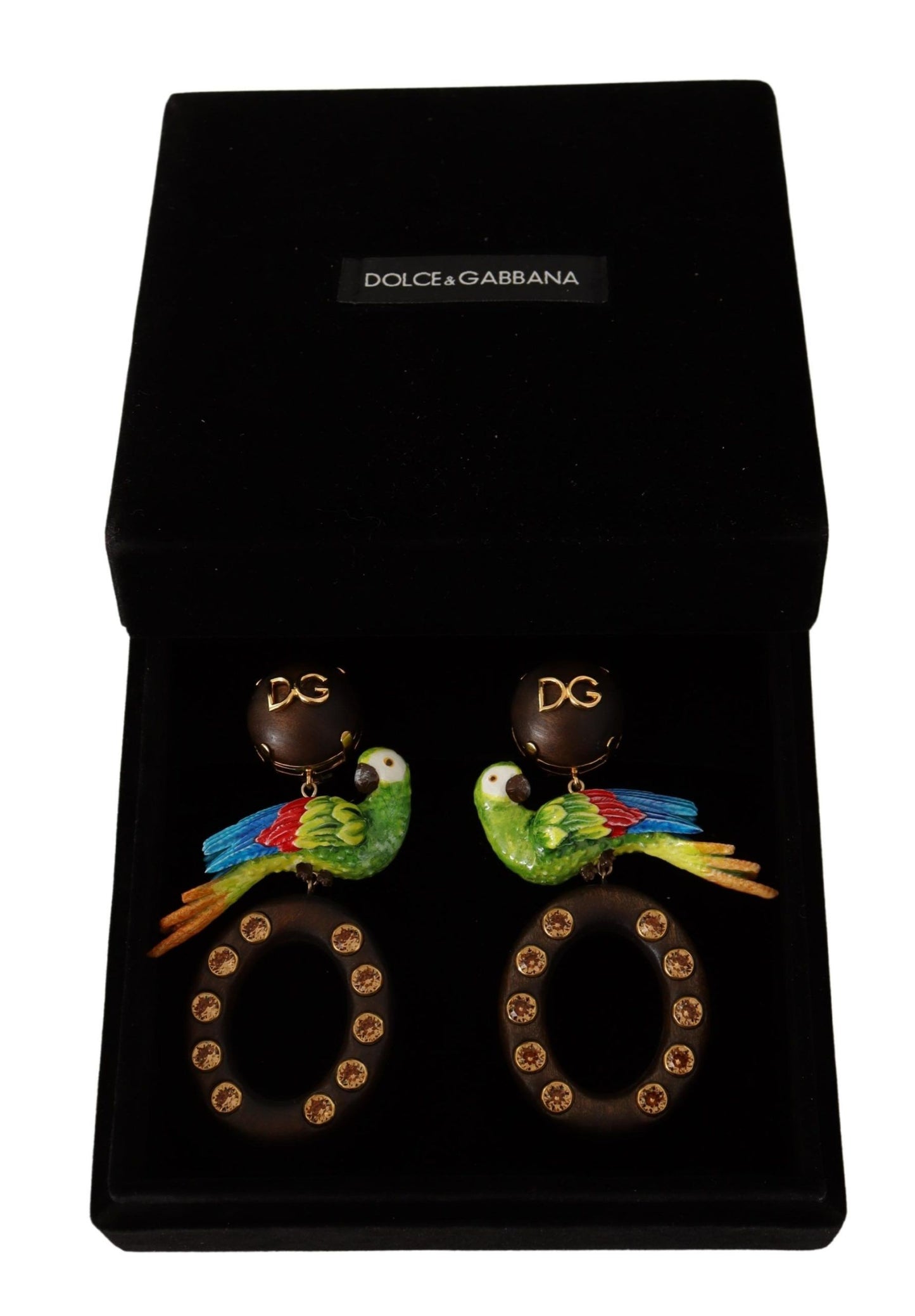 Dolce & Gabbana Gold Brass Wood Parrot Hoop Clip-on Jewelry Dangling Earrings