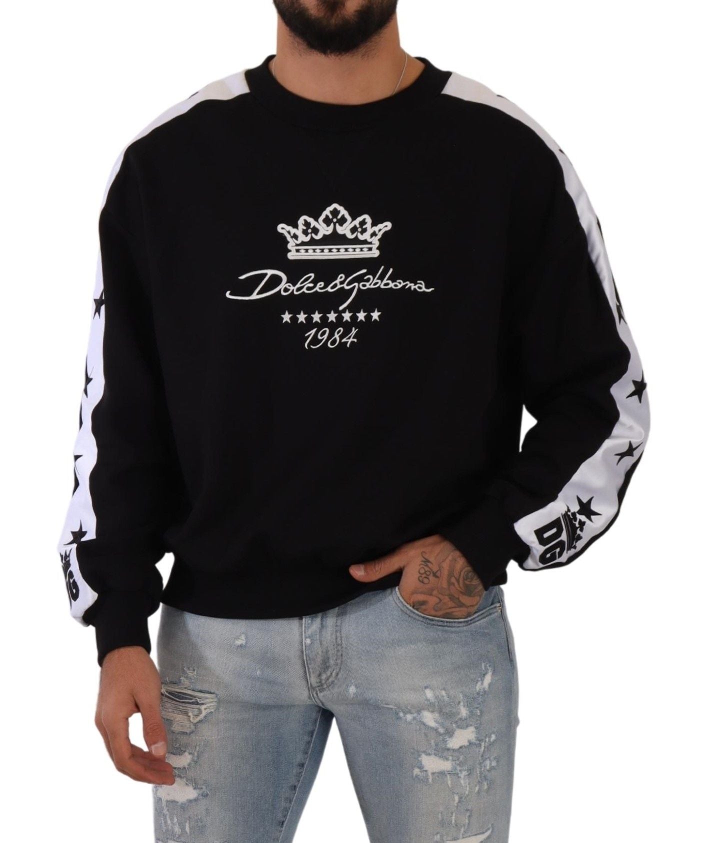 Dolce & Gabbana Black Cotton Crewneck Crown 1984 Stars Pullover Black