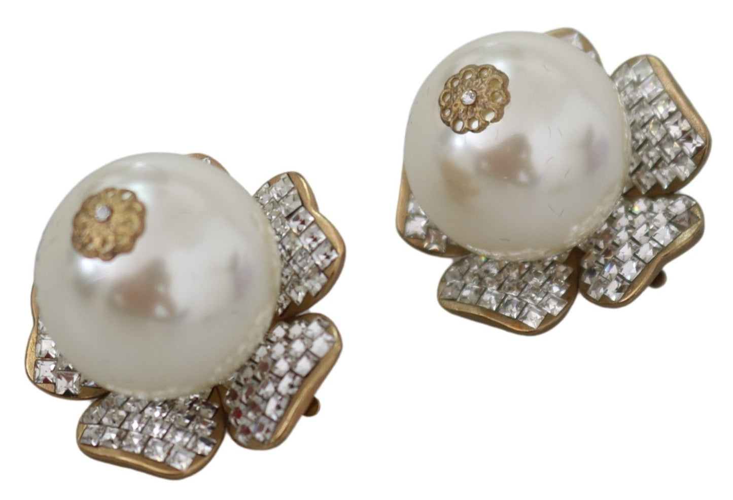 Dolce & Gabbana Gold Tone Maxi Faux Pearl Floral Clip-on Jewelry Earrings