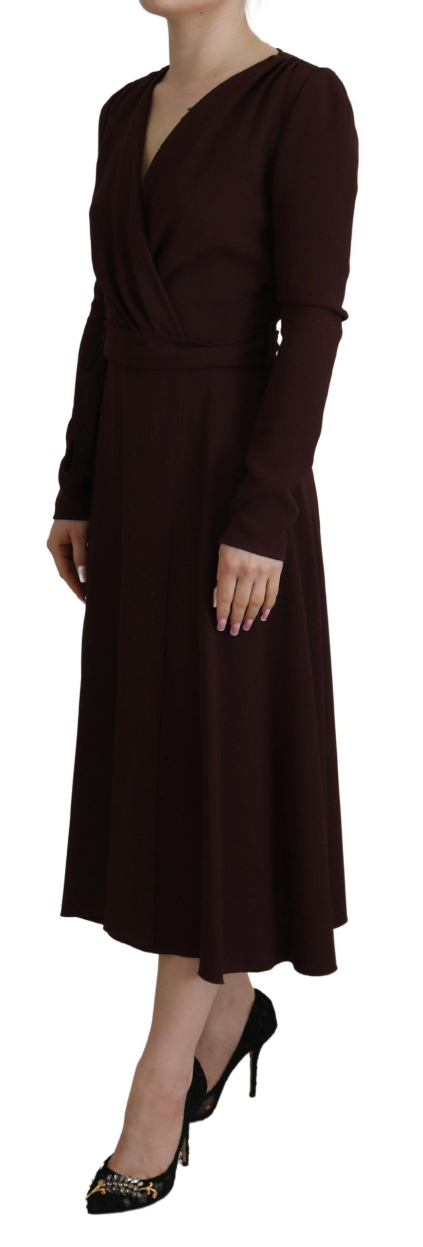 Dolce & Gabbana Brown Wrap Long Sleeve Midi Stretch Dress