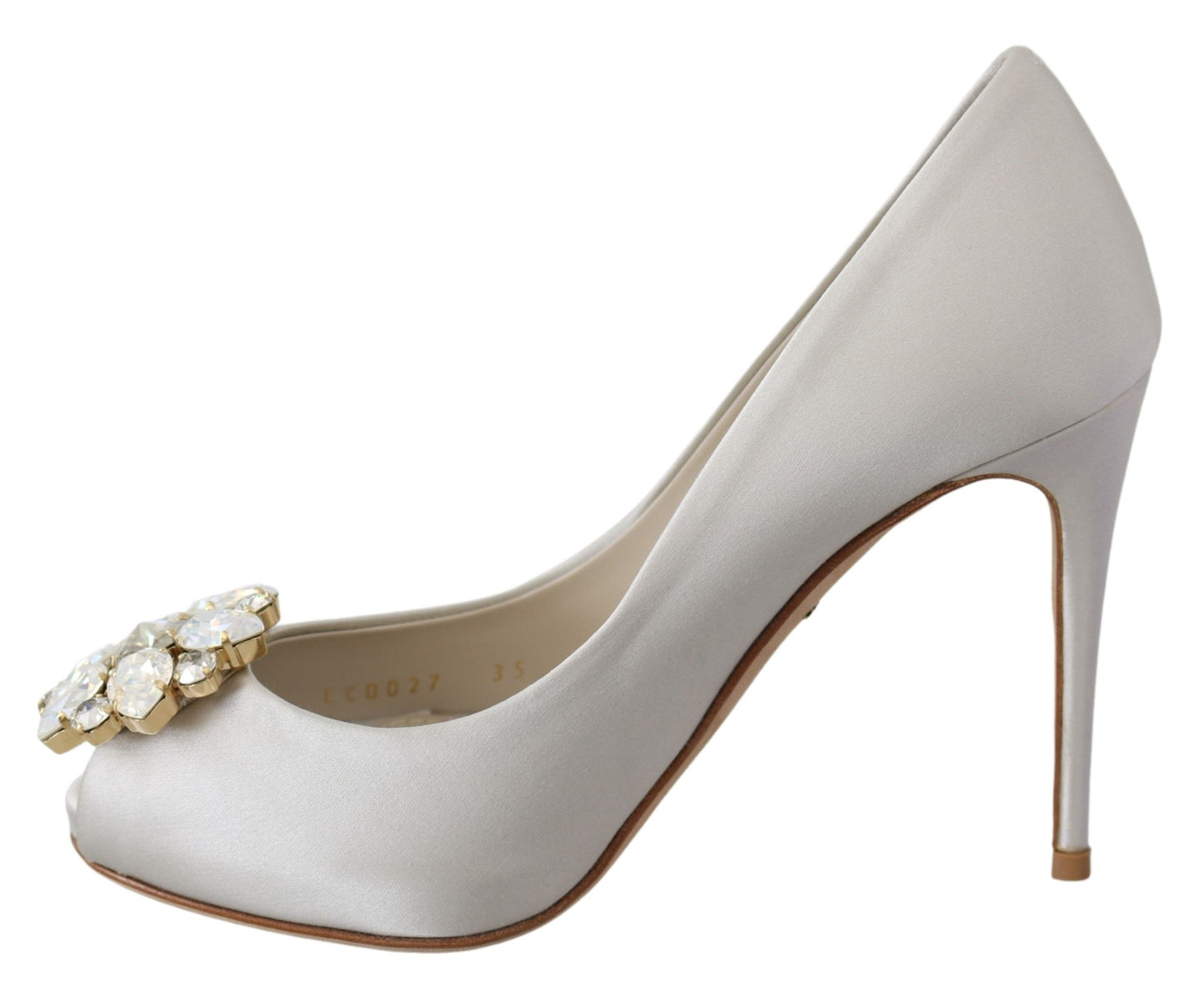 Dolce & Gabbana White Crystals Peep Toe Heels Satin Pumps Shoes