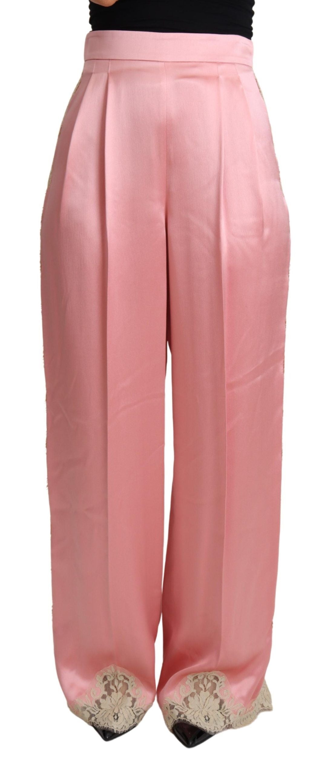 Dolce & Gabbana Pink Lace Trimmed Silk Satin Wide Legs Pants