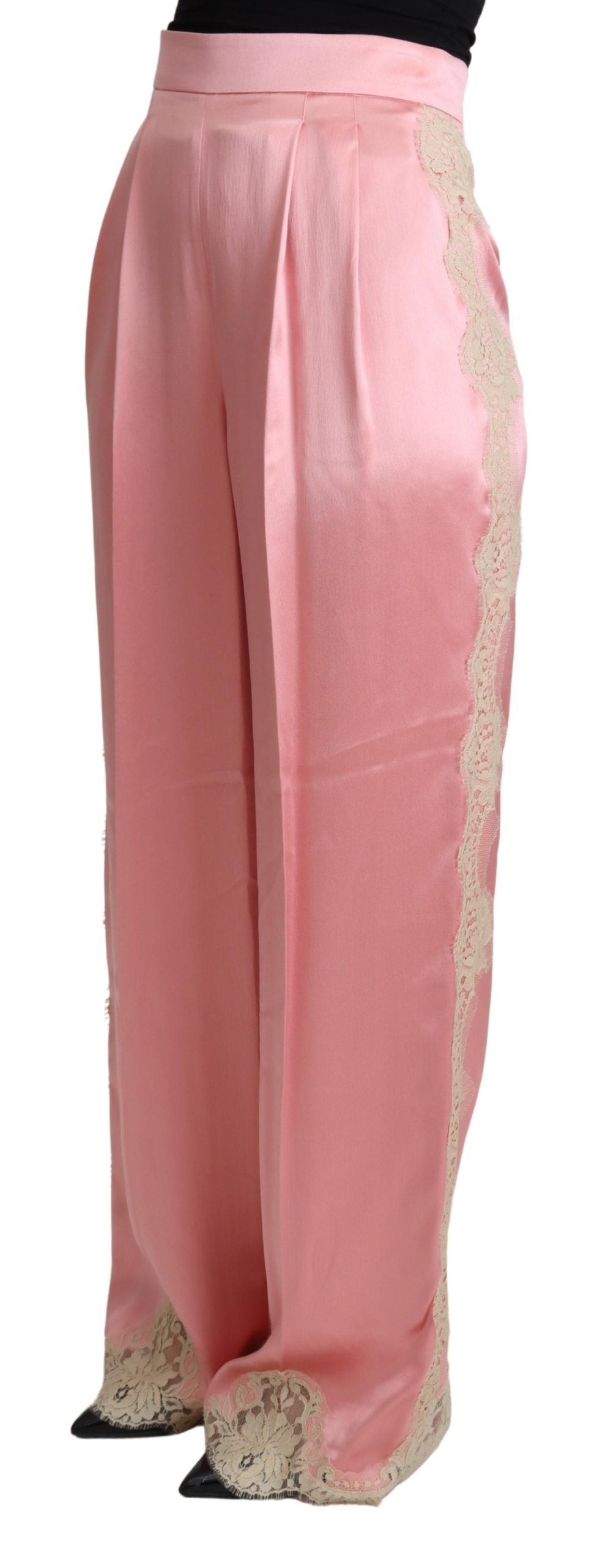 Dolce & Gabbana Pink Lace Trimmed Silk Satin Wide Legs Pants