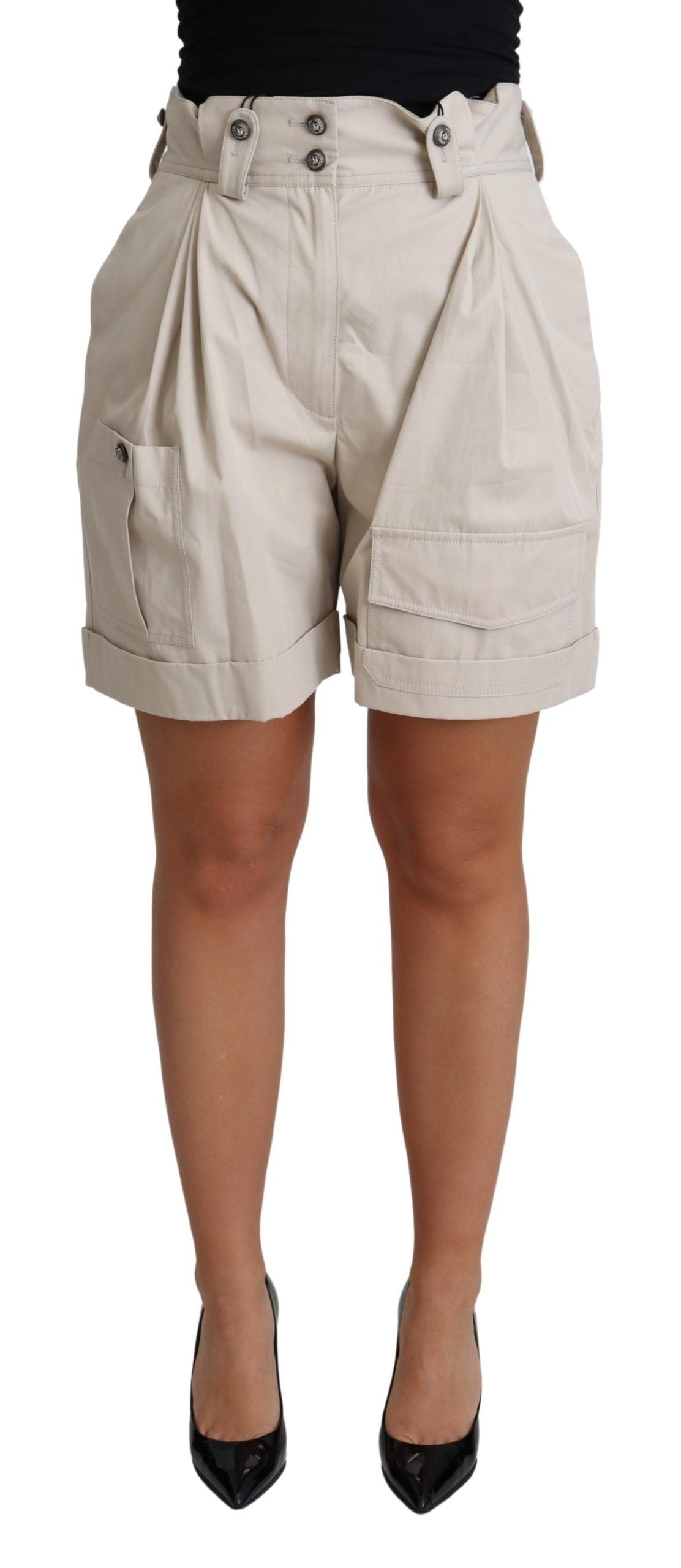 Dolce & Gabbana Beige Cotton Pleated High Waist Casual Shorts